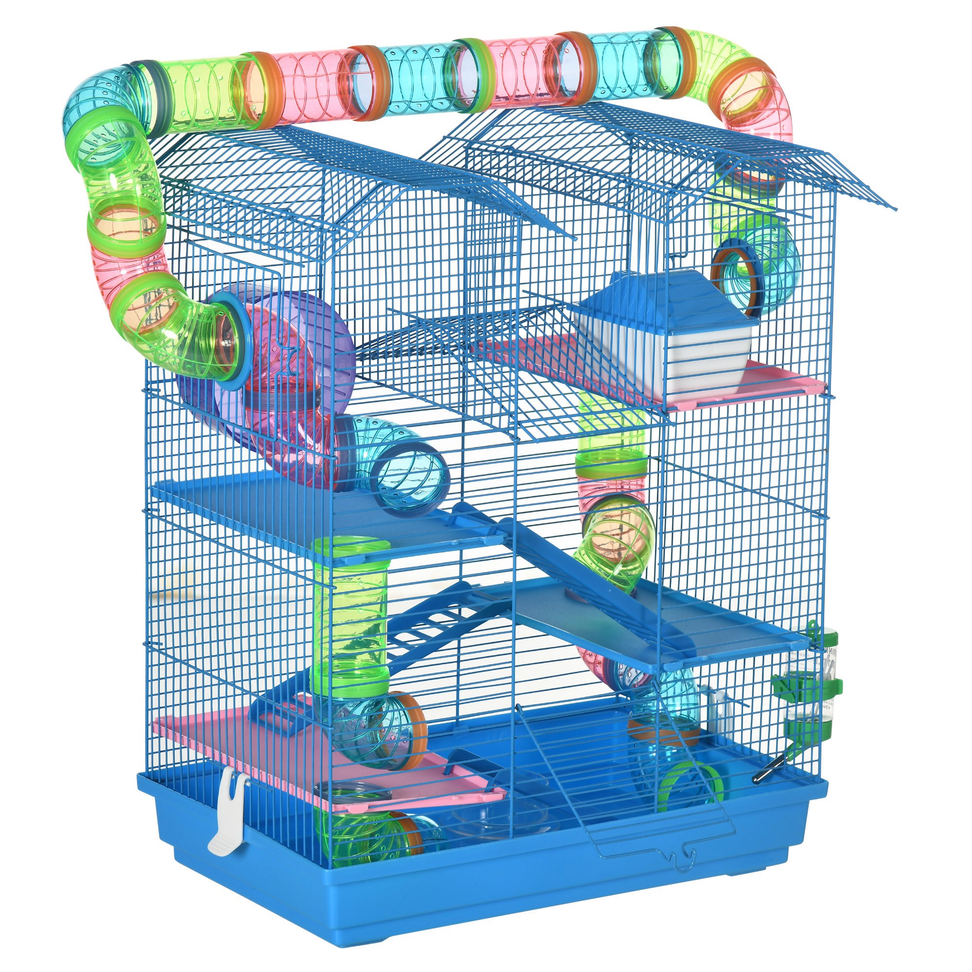 5 Tier Hamster Cage Carrier Habitat with Exercise Wheels Tunnel Tube Water Bottle Dishes House Ladder for Dwarf Mice, Blue - Life Essentials