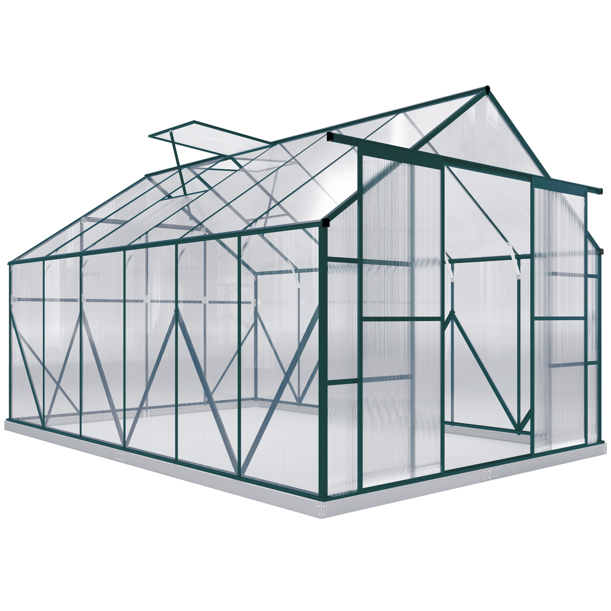 Aluminium Greenhouse Polycarbonate Walk-in Garden Greenhouse Kit with Adjustable Roof Vent, Rain Gutter and Foundation, 8 x 12ft, Clear - Life 