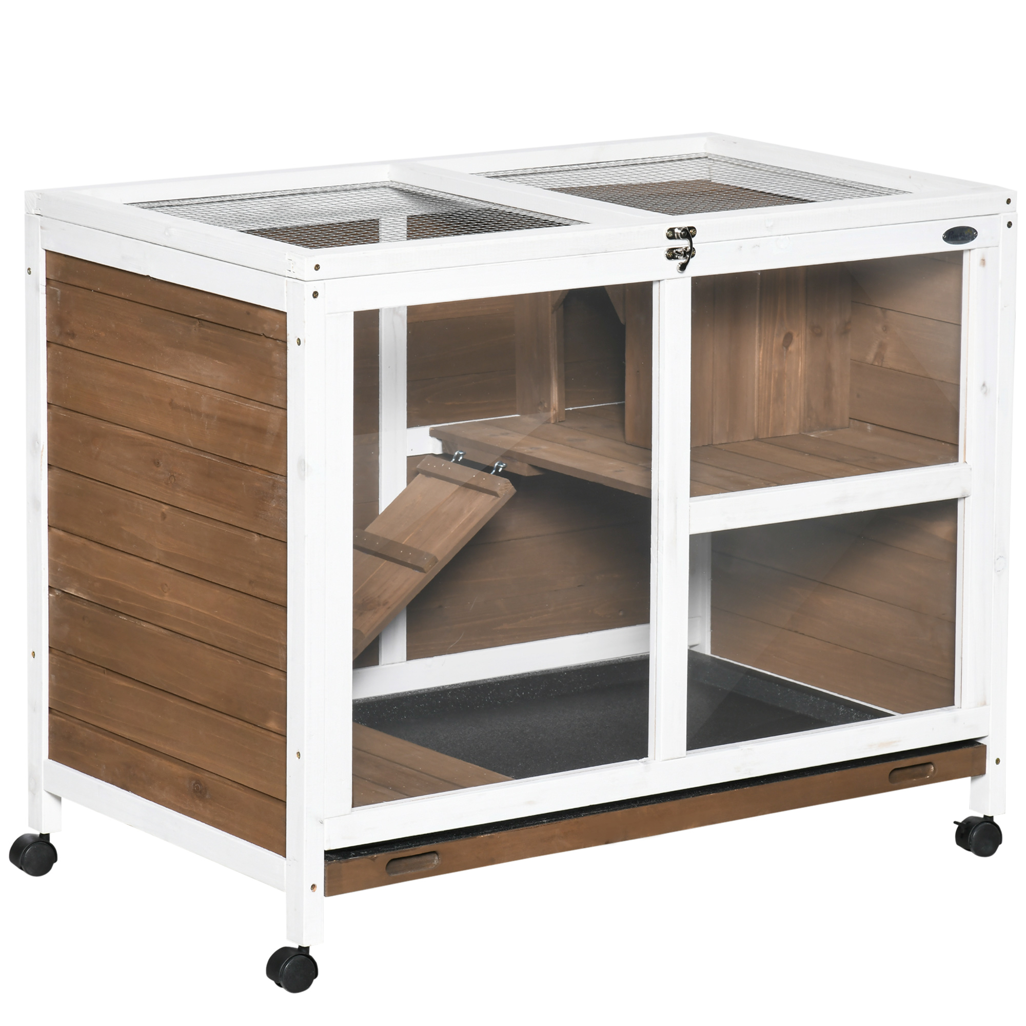 Wooden Rabbit Hutch Guinea Pigs House Bunny Small Animal Cage W/ Pull-out Tray Openable Roof Wheels 91.5 x 53.3 x 73 cm, Brown - Life Essentials