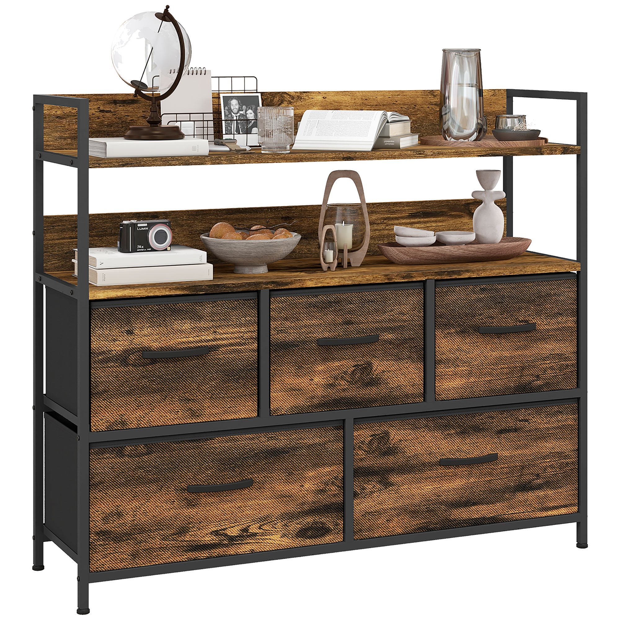 WENZA Oak Finish Fabric Chest of Drawers - Large-sized, 5 Drawers - Life Essentials