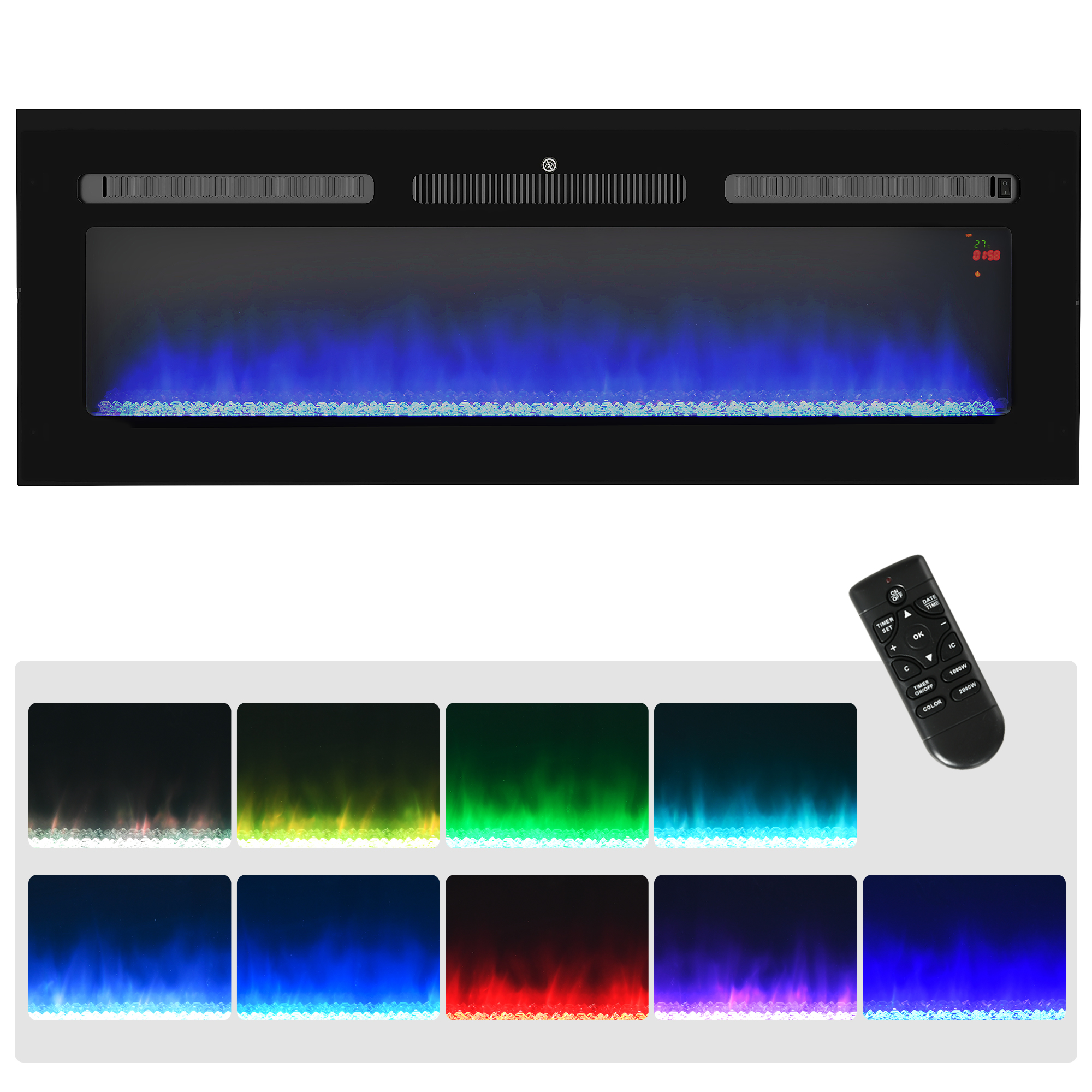 Wall Mounted 127cm Electric Crystal Fireplace, 2000W Recessed and Electric Fire with Remote Control - Black - Life Essentials