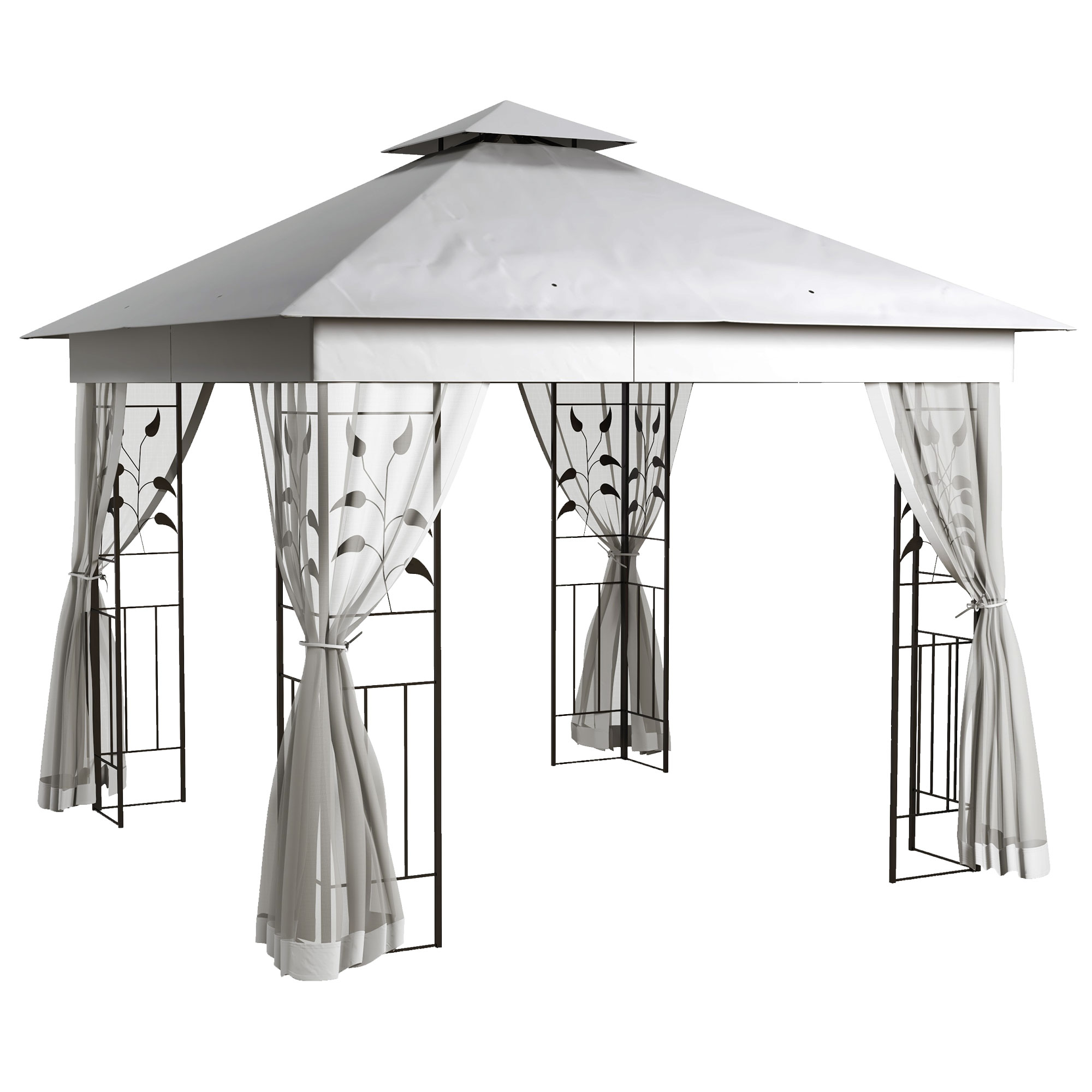 3(m) x 3(m) Double Roof Outdoor Garden Gazebo Canopy Shelter with Netting, Solid Steel Frame, Light Grey - Life Essentials