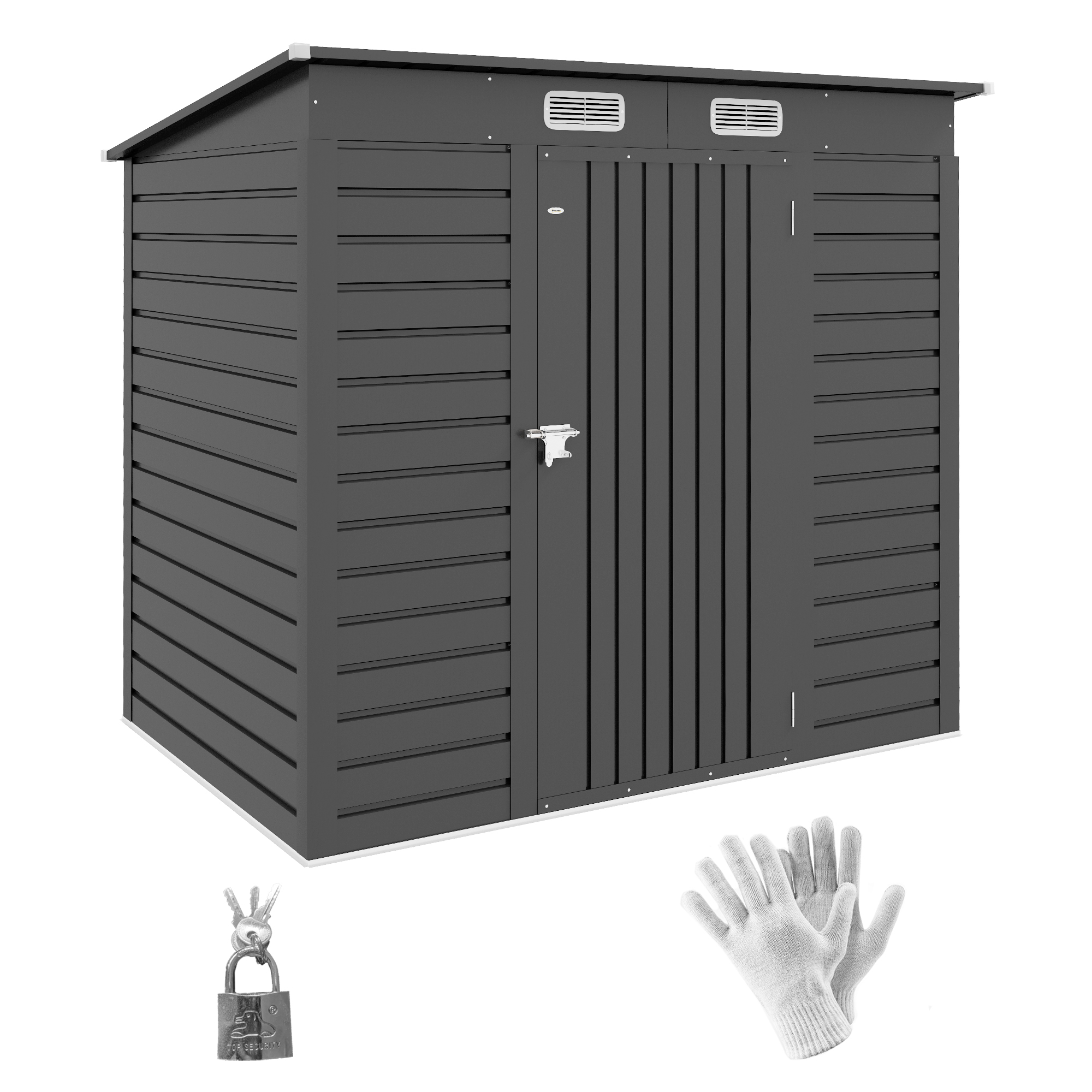 SUNVISTA 6.3 x 4.3FT Garden Shed. Galvanised Metal Shed, Outdoor Tool Storage Shed with Pent Roof, Lockable Door and 2 Vents, Grey - Life Essentials