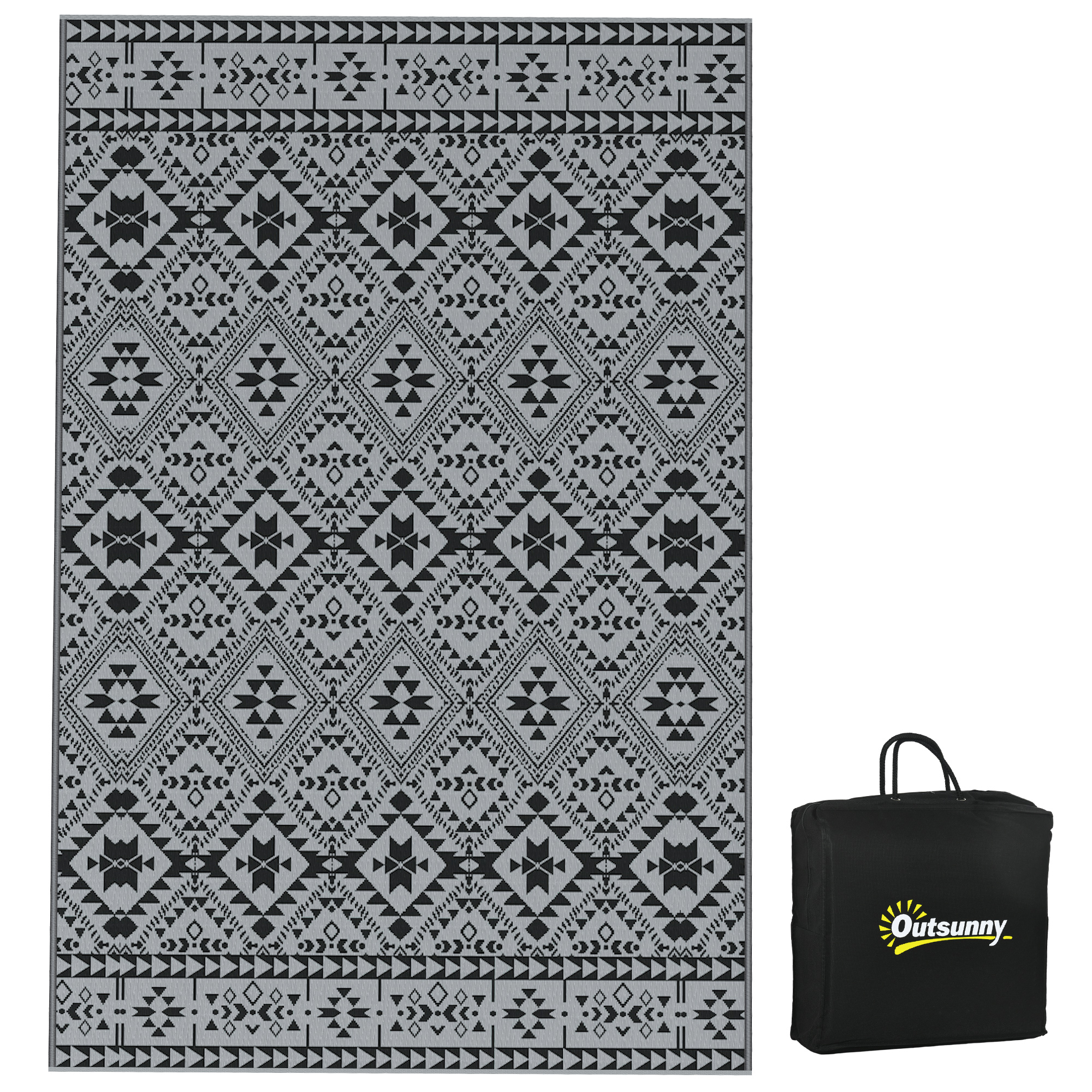 Plastic Straw Reversible RV Outdoor Rug with Carry Bag, 182 x 274cm, Black and Grey - Life Essentials