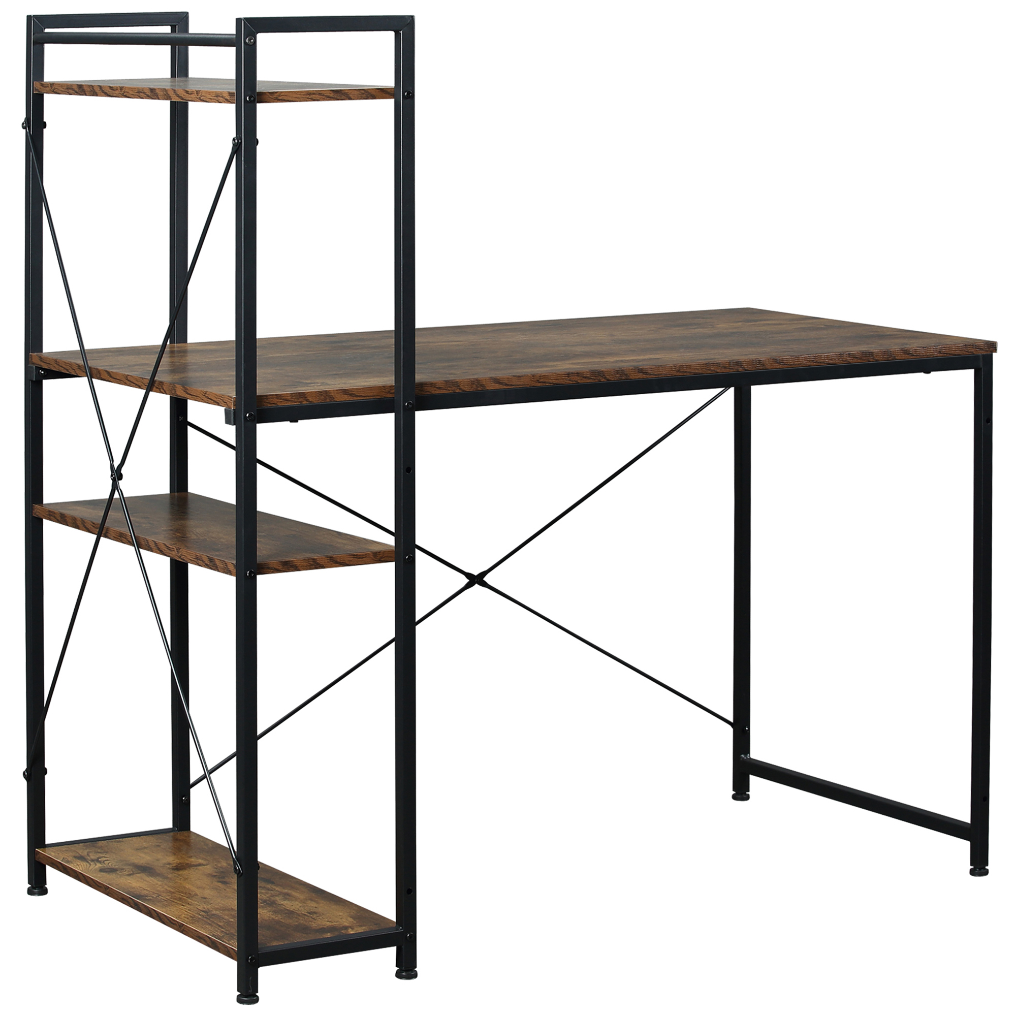 Computer Desk PC Table Study Workstation Home Office with 4-tier Bookshelf Storage Metal Frame Wooden Top (Rustic Brown & Black) - Life Essentials