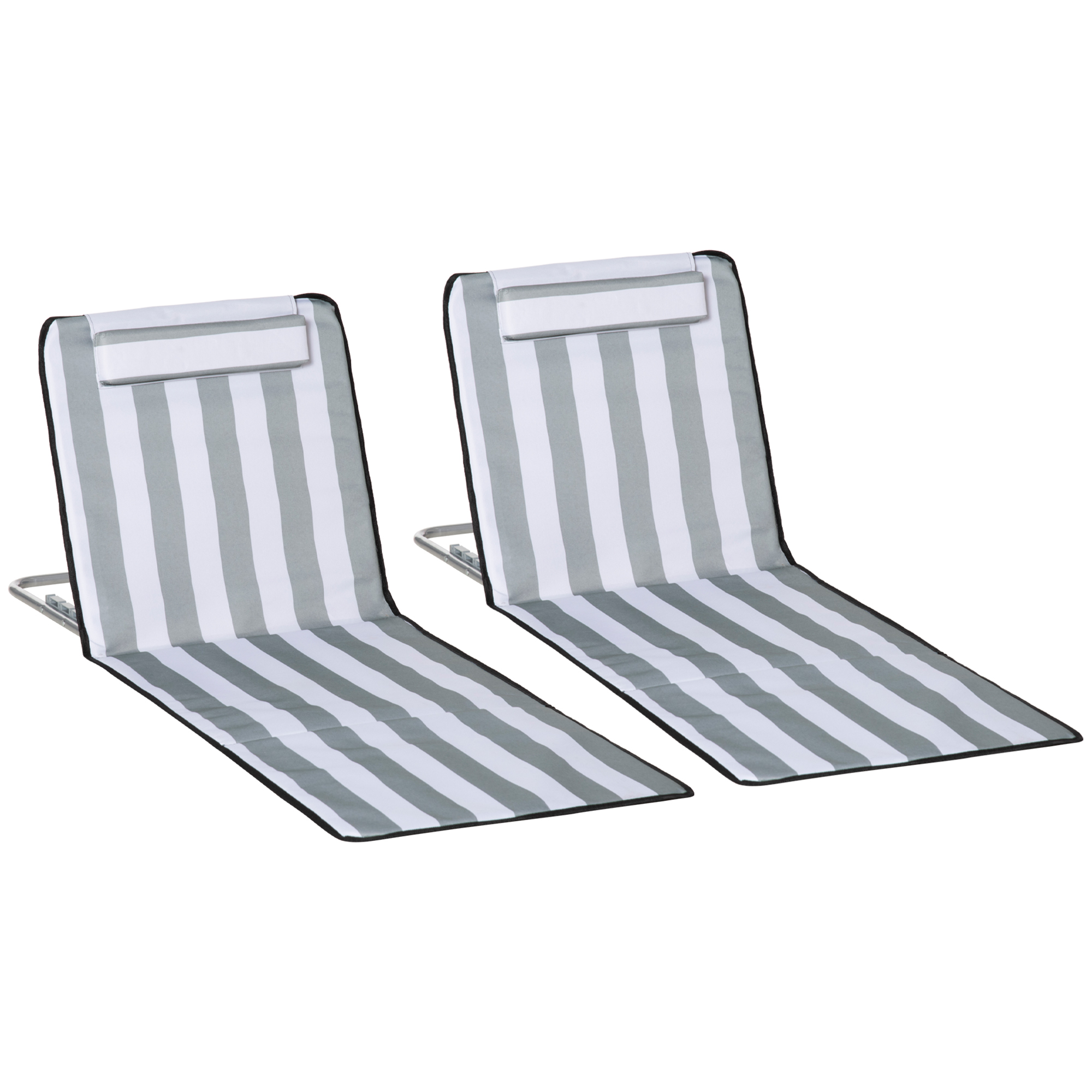 Set of 2 Foldable Garden Beach Chair Mat Lightweight Outdoor Sun Lounger Seats Adjustable Back Metal Frame PE Fabric Head Pillow, Light Grey - Life 