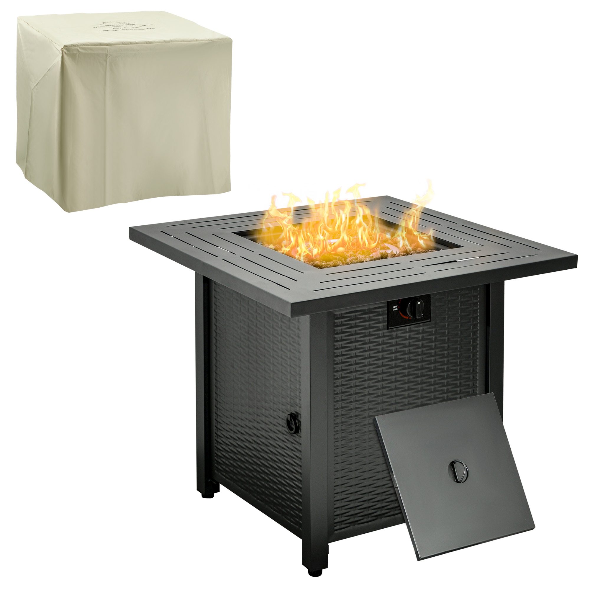 Square Propane Gas Fire Pit Table, 40000 BTU Rattan Smokeless Firepit Patio Heater w/ Protective Cover, Lava Rocks and Lid, 71x71x62cm, Black - Life 