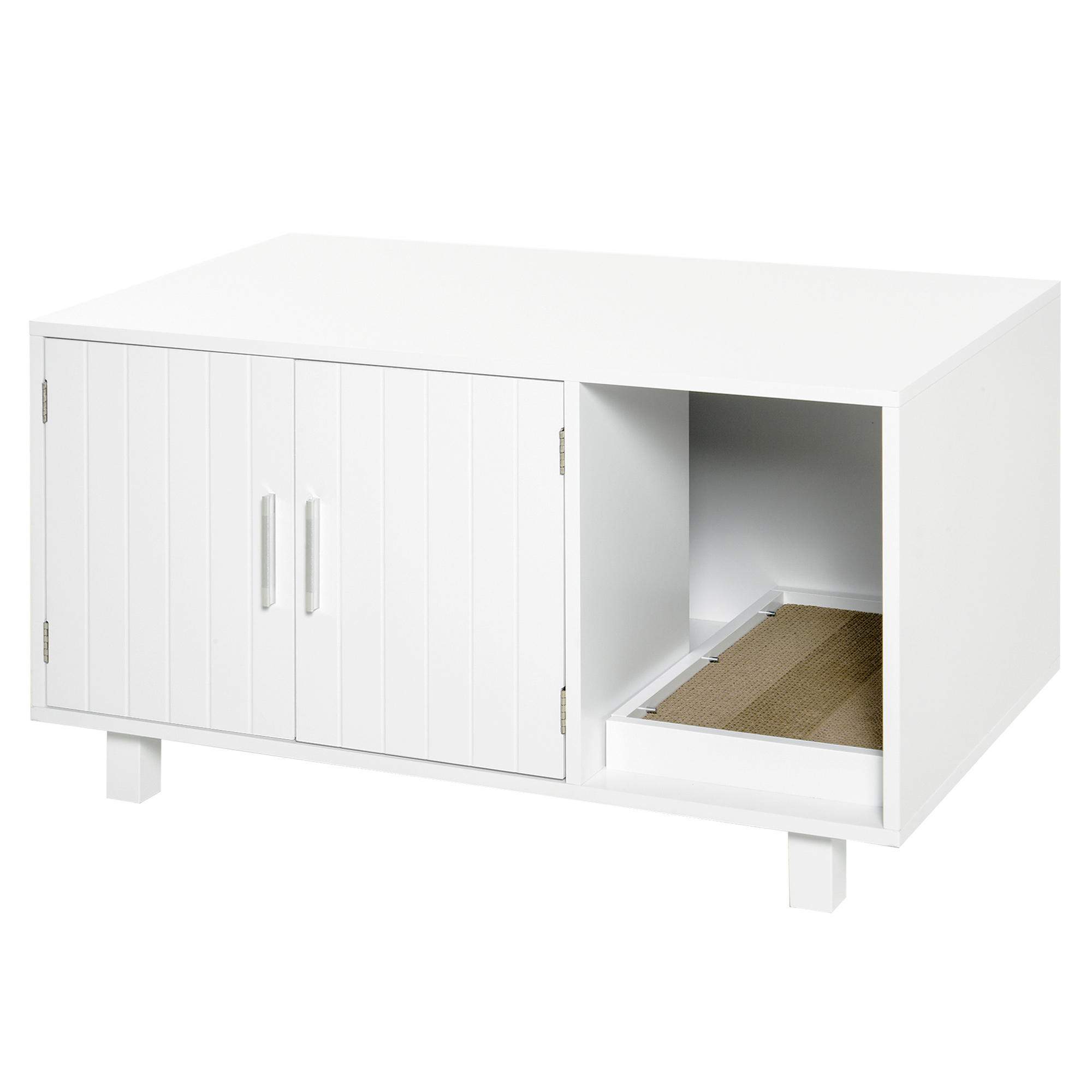 Wooden Cat Litter Box Enclosure & House with Nightstand/End Table Design, Scratcher, & Magnetic Doors, White - Life Essentials