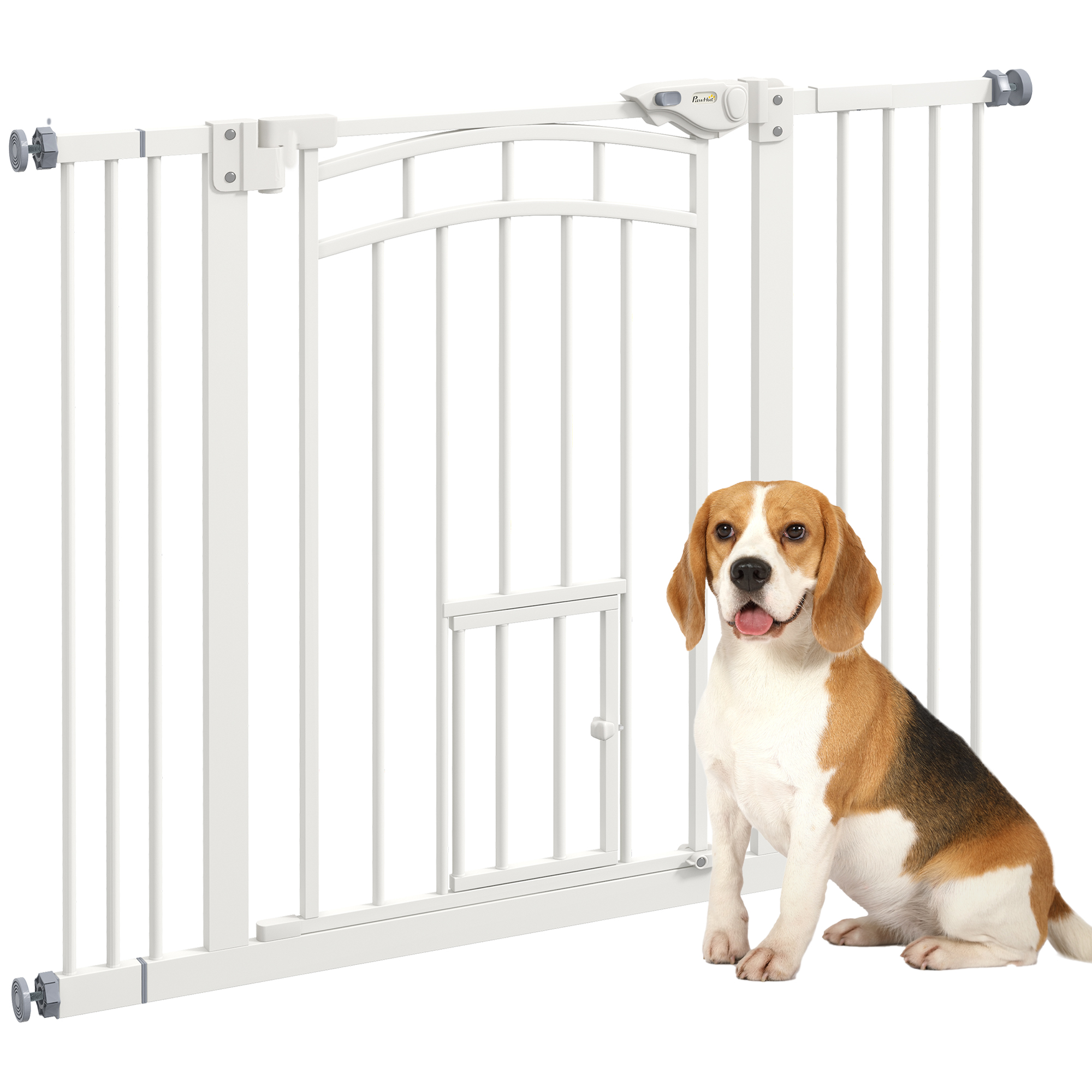 Pressure Fit Stair Dog Gate w/ Small Cat Door, Automatic Closing Door, Double Locking, for 74-100cm Openings - White - Life Essentials
