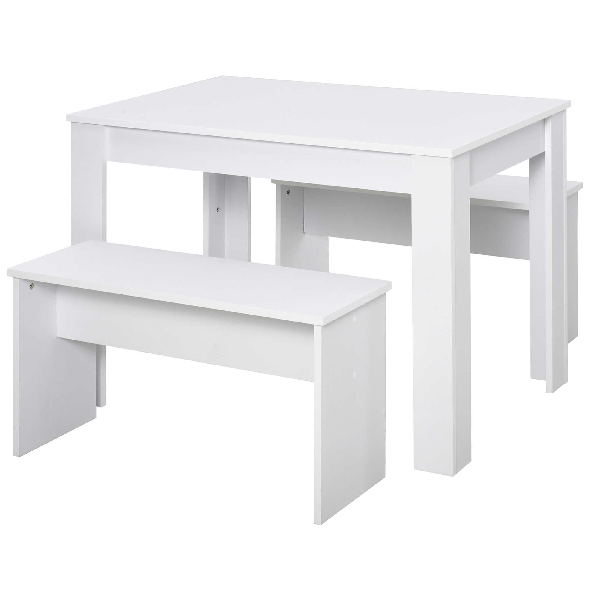 Kitchen Dining Table and 2 Benches Set, Table and Chairs Set for Limited Space, White - Life Essentials