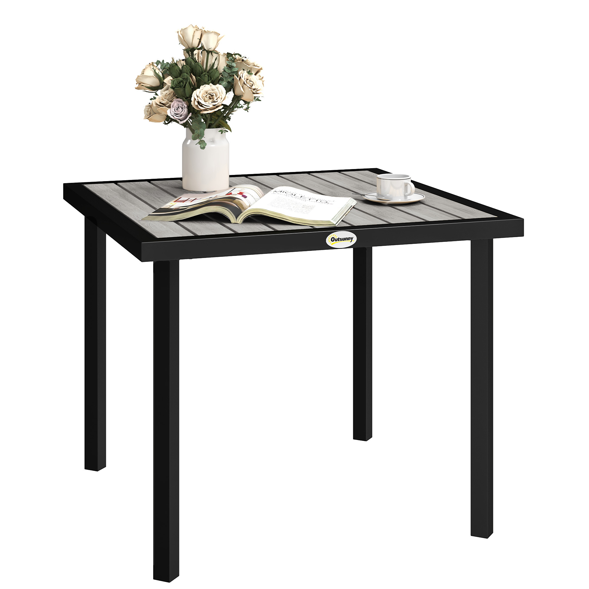 SUNVISTA Square Garden Dining Table with 5.4cm Parasol Hole, Slatted Top, Metal Frame, 86 x 86 x 71 cm, Light Grey - Life Essentials