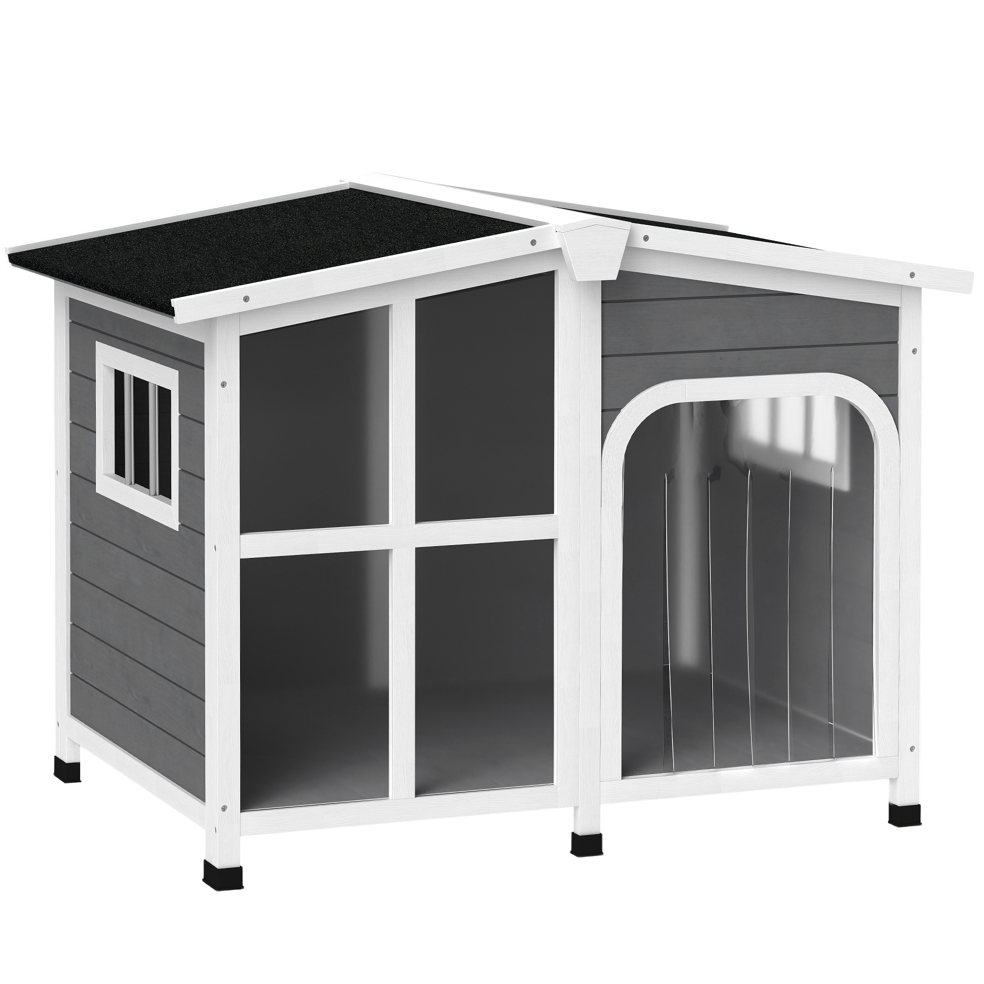 PAWSTER Wooden Dog Kennel with Removable Floor, Asphalt and Openable Roof, Giant Window for Large Dogs, Charcoal Grey - Life Essentials