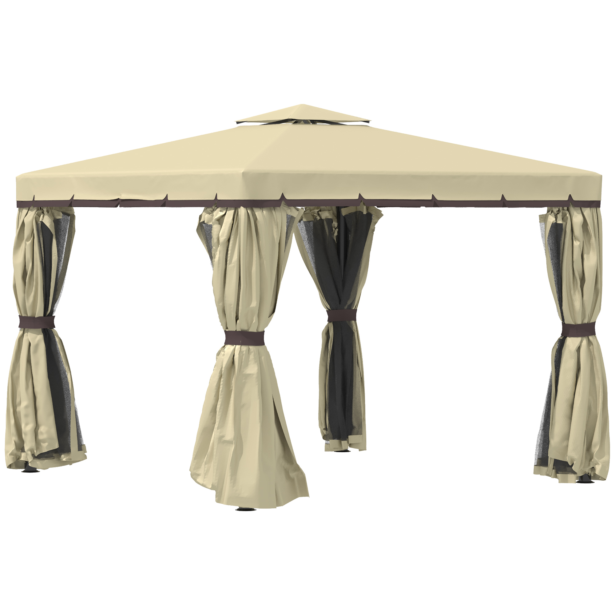 3 x 3M Patio Gazebo Canopy Garden Pavilion Tent Shelter with 2 Tier Water Repellent Roof, Mosquito Netting, Aluminium Frame, Beige - Life Essentials