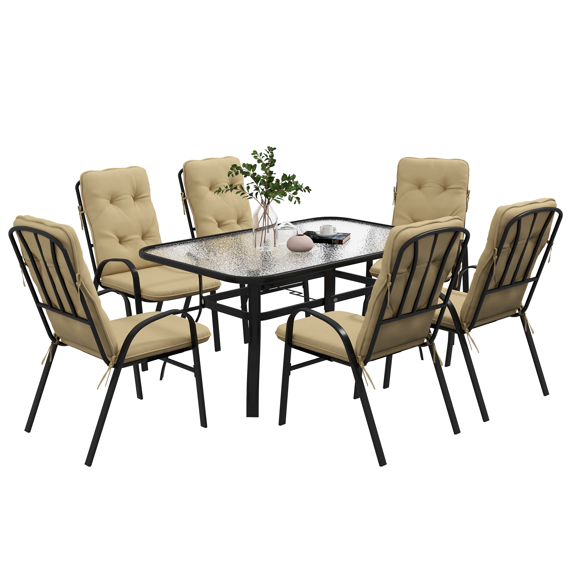 7-Pcs Garden Dining Set - Table with Umbrella Hole and Cushioned Armchairs - Beige - Life Essentials