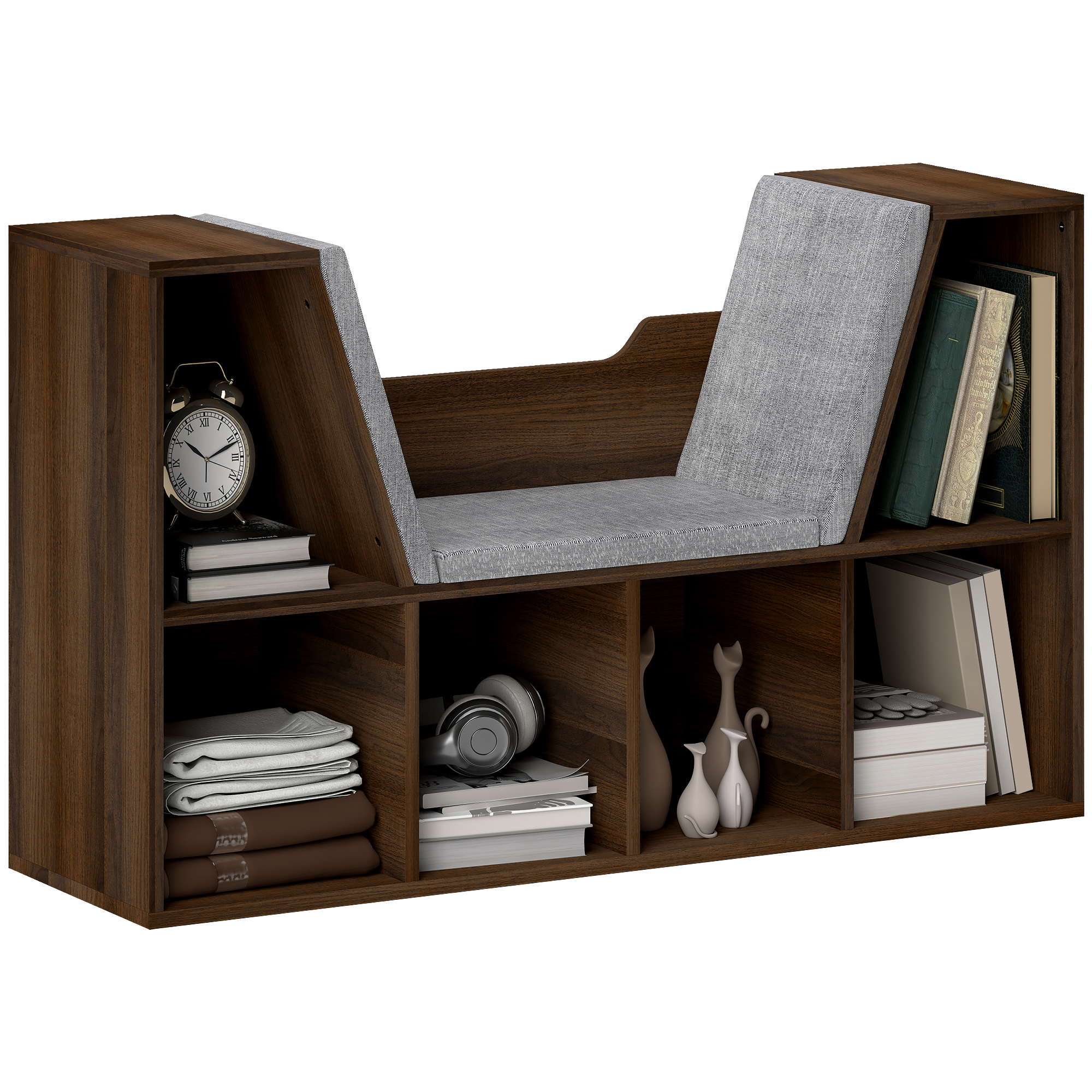 HERON Bookcase Storage Shelf with Cushioned Reading Seat, Cube Bookshelf Organizer for Bedroom Living Room, Chestnut - Life Essentials