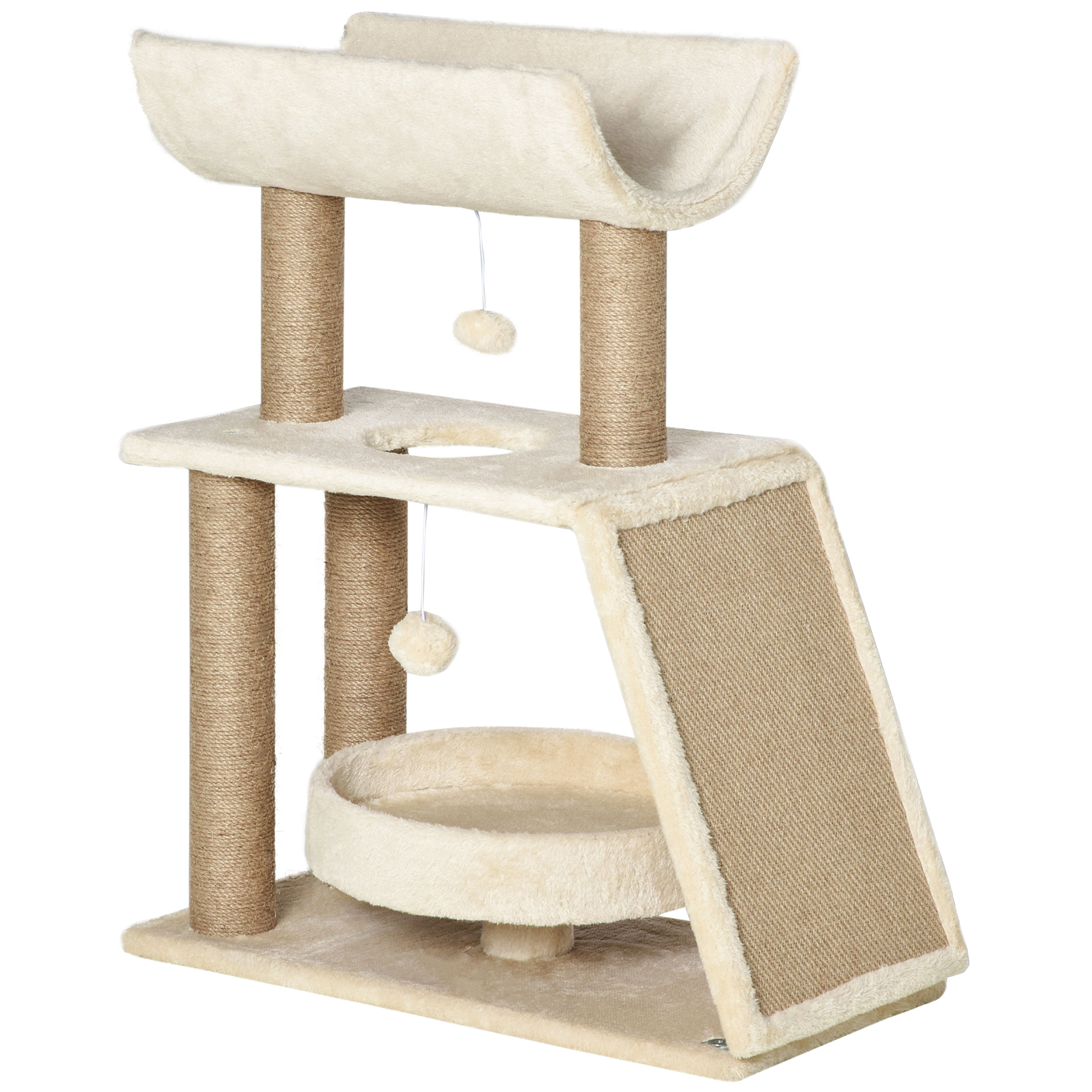 Cat Tree for Indoor Cats with Scratching Posts Pad, Kitten Tower with Bed Perch Ball Toy, 60 x 30 x 76 cm, Light Brown - Life Essentials