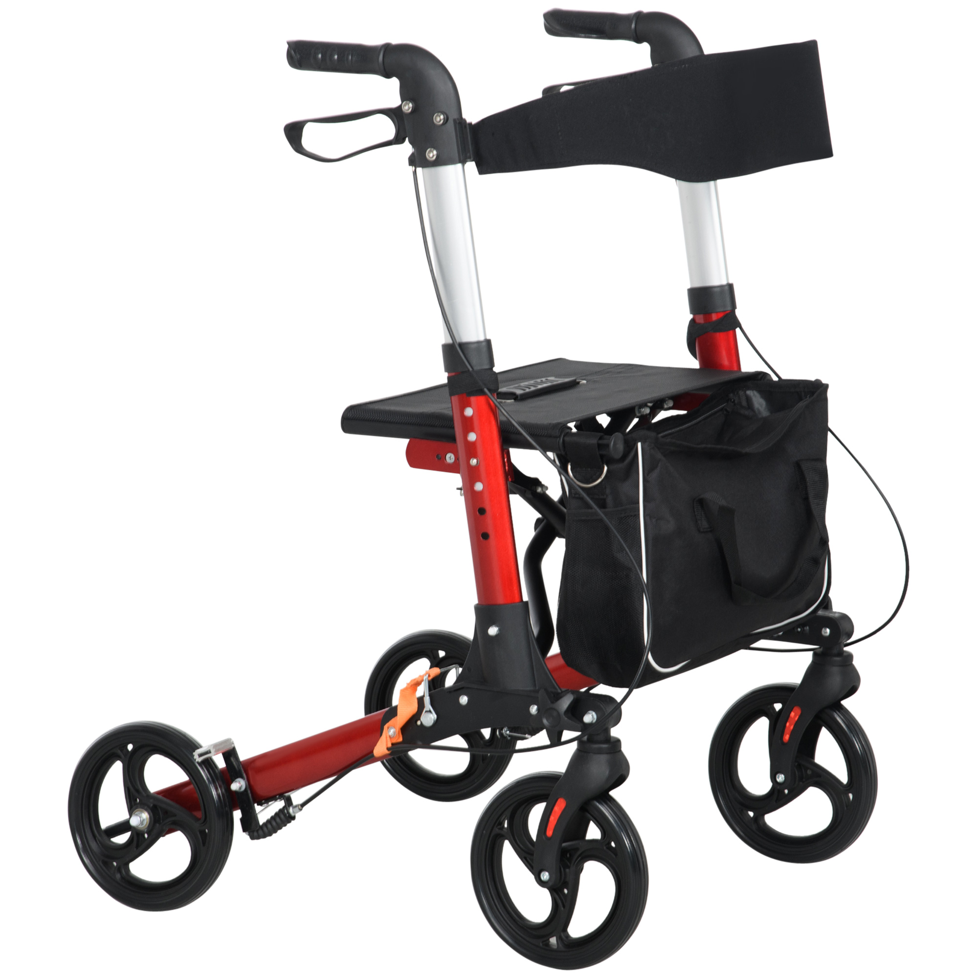 Folding Rollator Walker w/ Seat & Backrest, Lightweight Walking Frame w/ Adjustable Handle Height, 4 Wheeled Walker, Red - Life Essentials