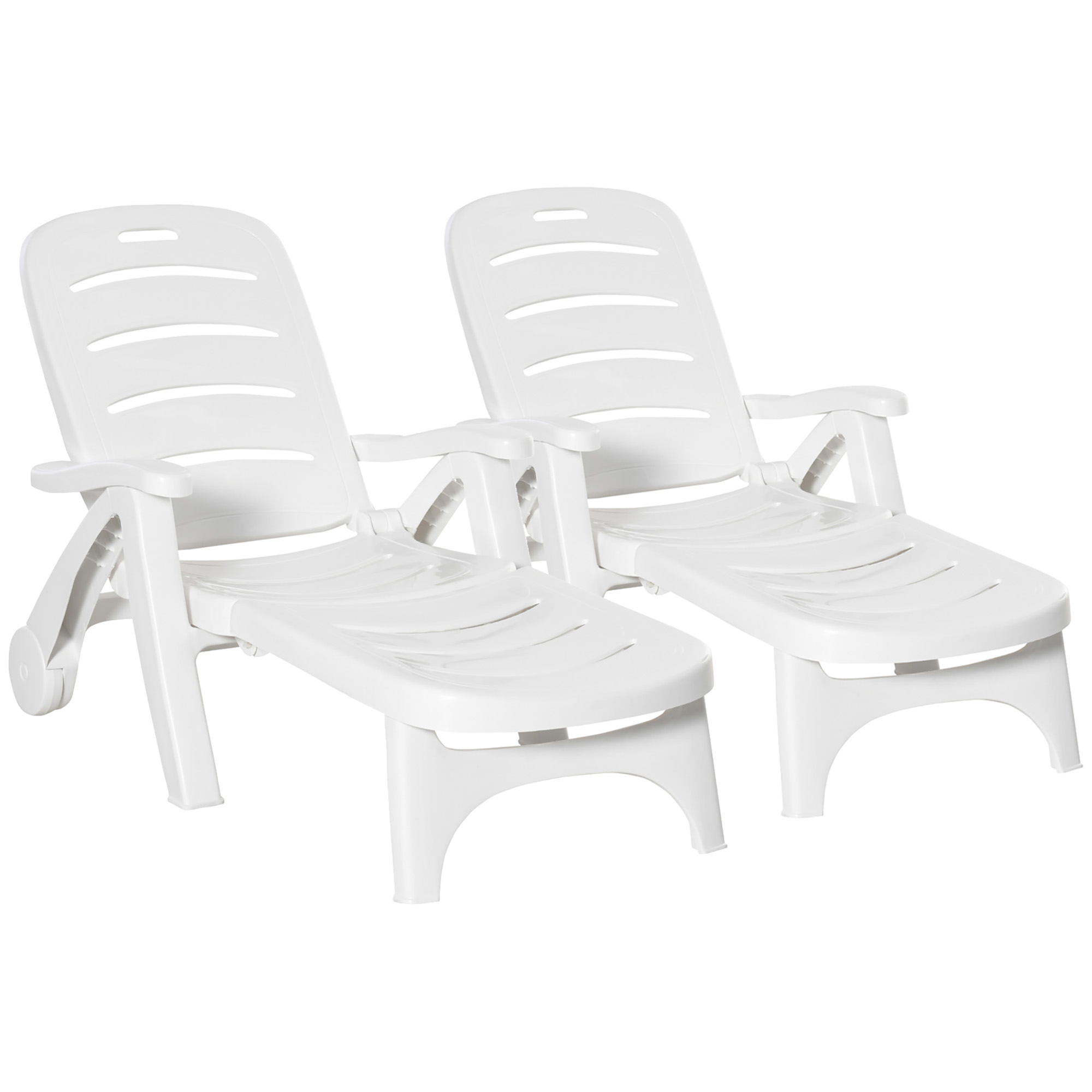 2PCs Outdoor Folding Sun Lounger Recliner on Wheels w/ 5-Position Backrest, White - Life Essentials