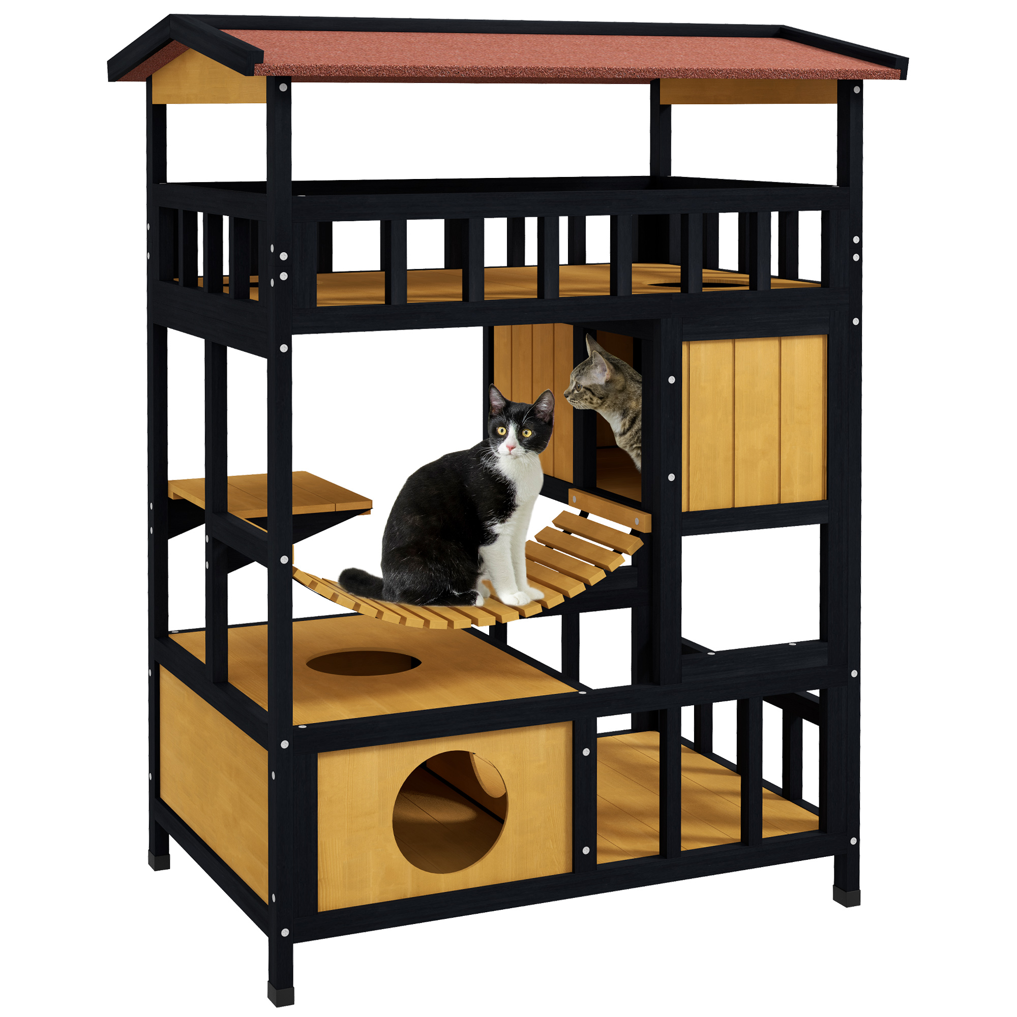 Outdoor Cat Shelter, Four-Tier Wooden Feral Cat House, with Suspension Bridge, Cat Houses, Balcony, Escape Doors - Life Essentials