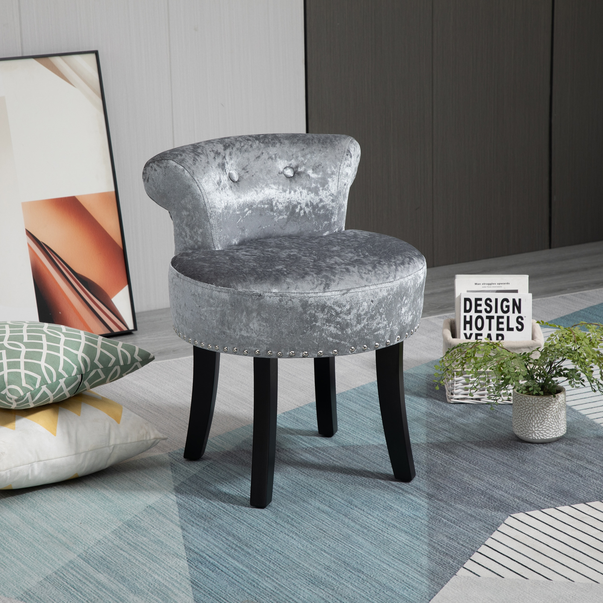 Velvet Dressing Table Stool with Rubber Wood Legs - Grey - Life Essentials