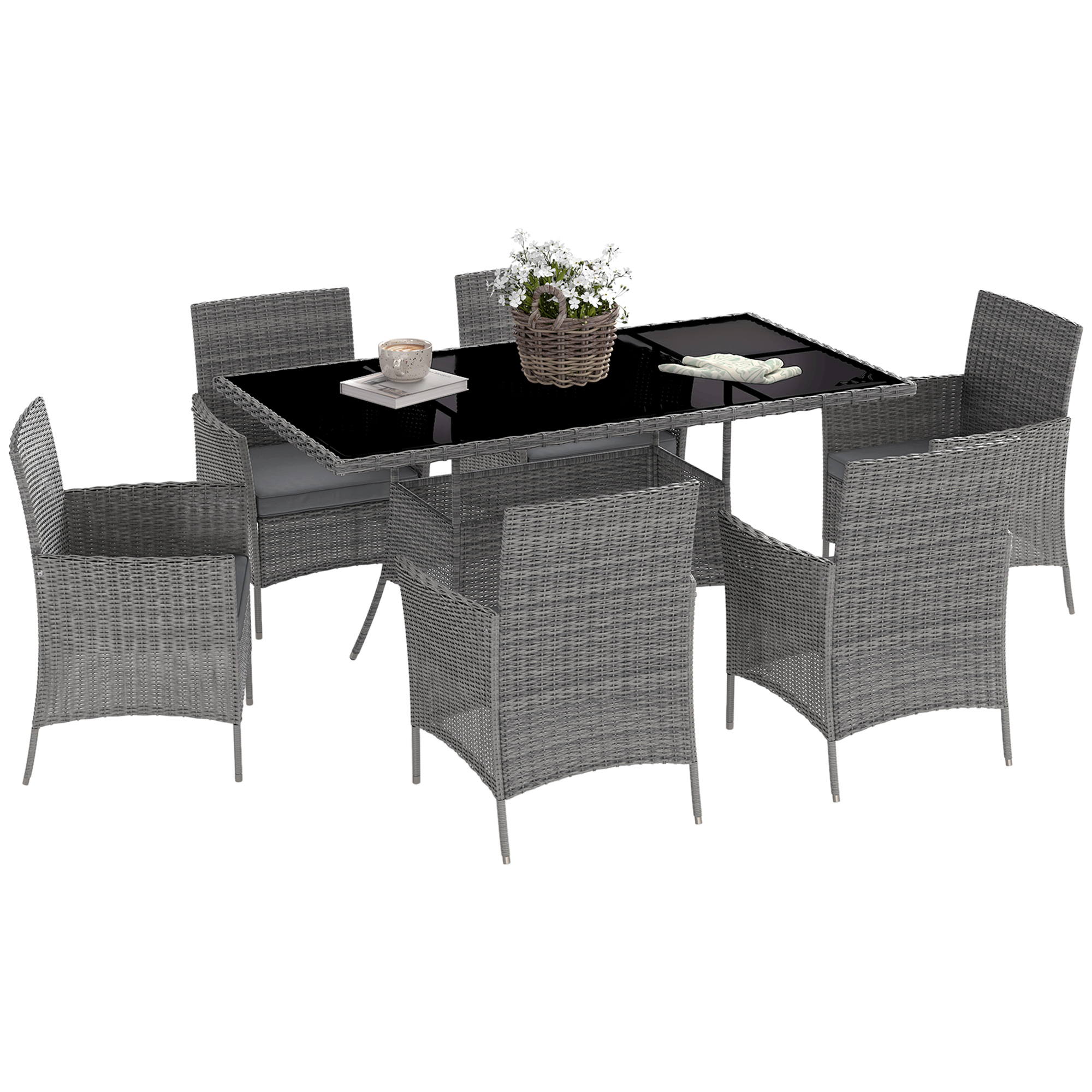 SUNVISTA 7-Piece Rattan Garden Furniture Set with Cushions, 6 Seater Garden Table and Chairs, Charcoal Grey - Life Essentials