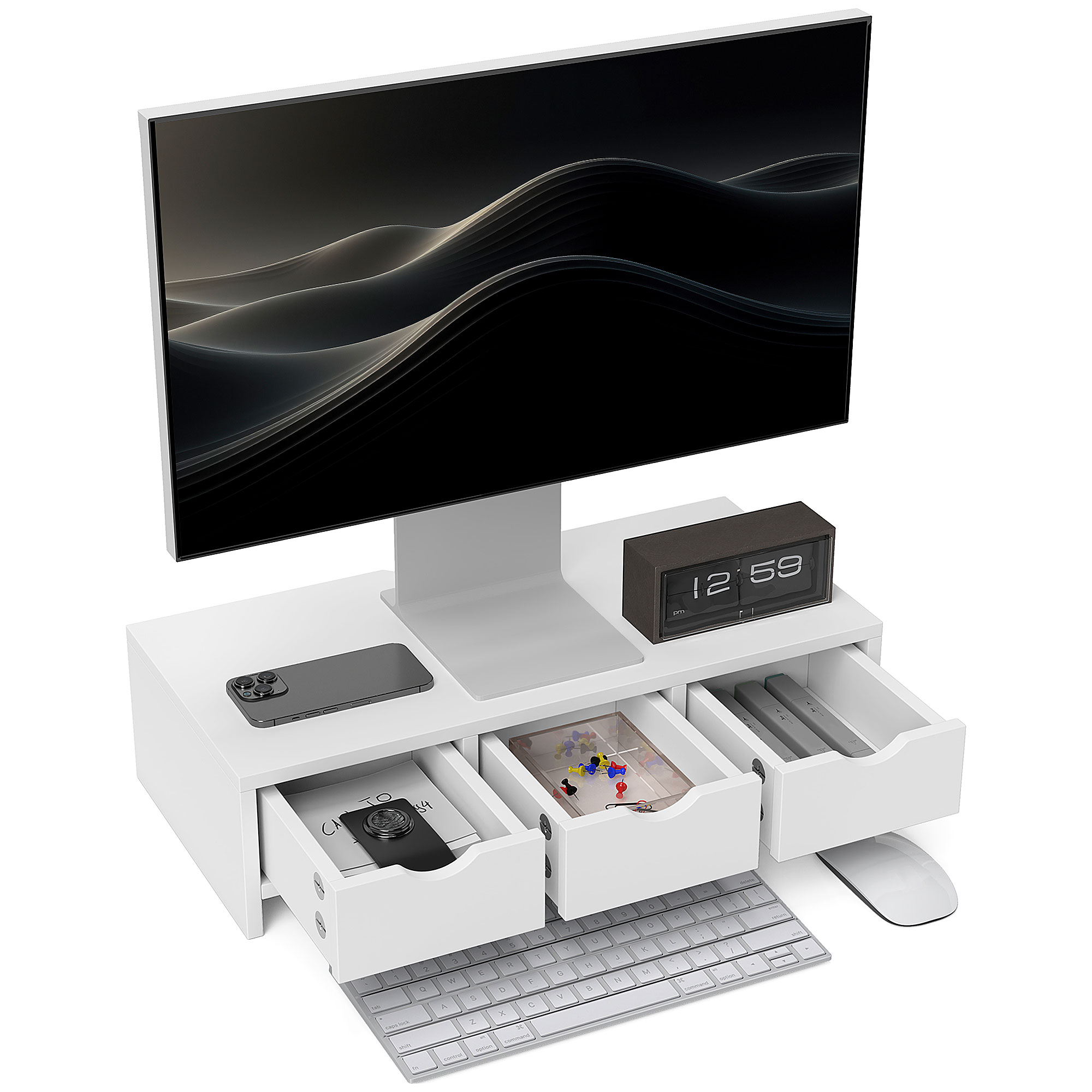 HERON Monitor Stand Riser with 3 Drawers, Monitor Riser for Laptop, Computer, PC, Small Printer, 51 x 24 x 13cm, White - Life Essentials