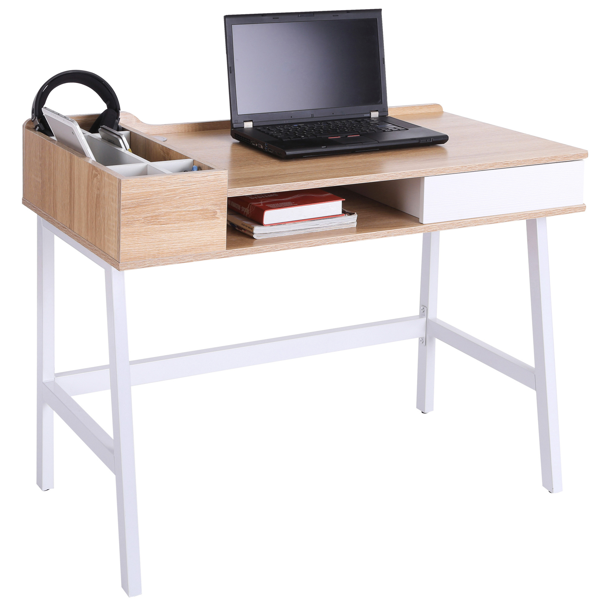 Computer Writing Desk Workstation with Drawer, Storage Compartments, Cable Management, Laptop Table Metal Frame Oak and White - Life Essentials