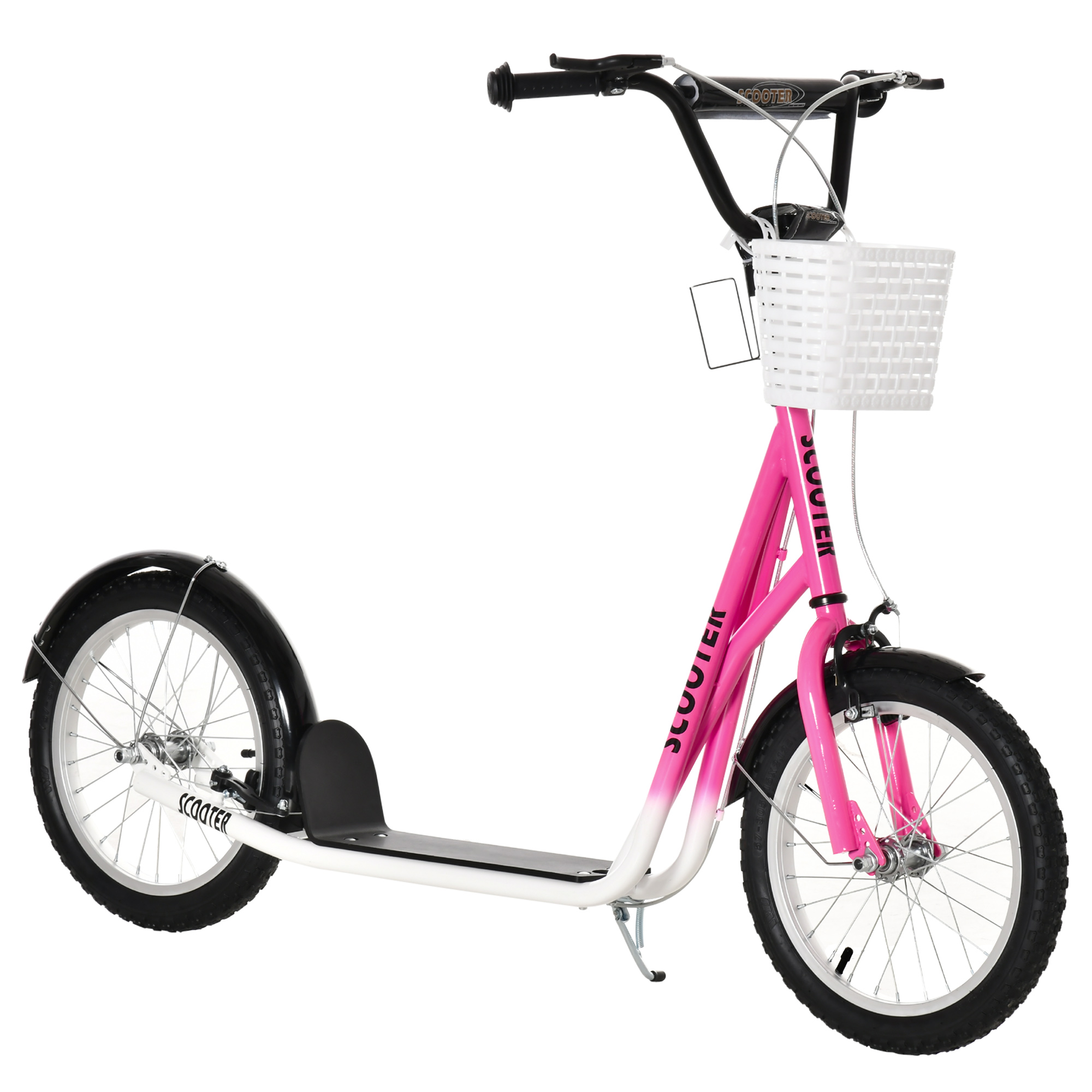 Kids Kick Scooter Teen Ride On Children Scooter with Adjustable Handlebar 2 Brakes Basket Cupholder Mudguard 16" Inflatable Rubber Tyres Pink - Life 