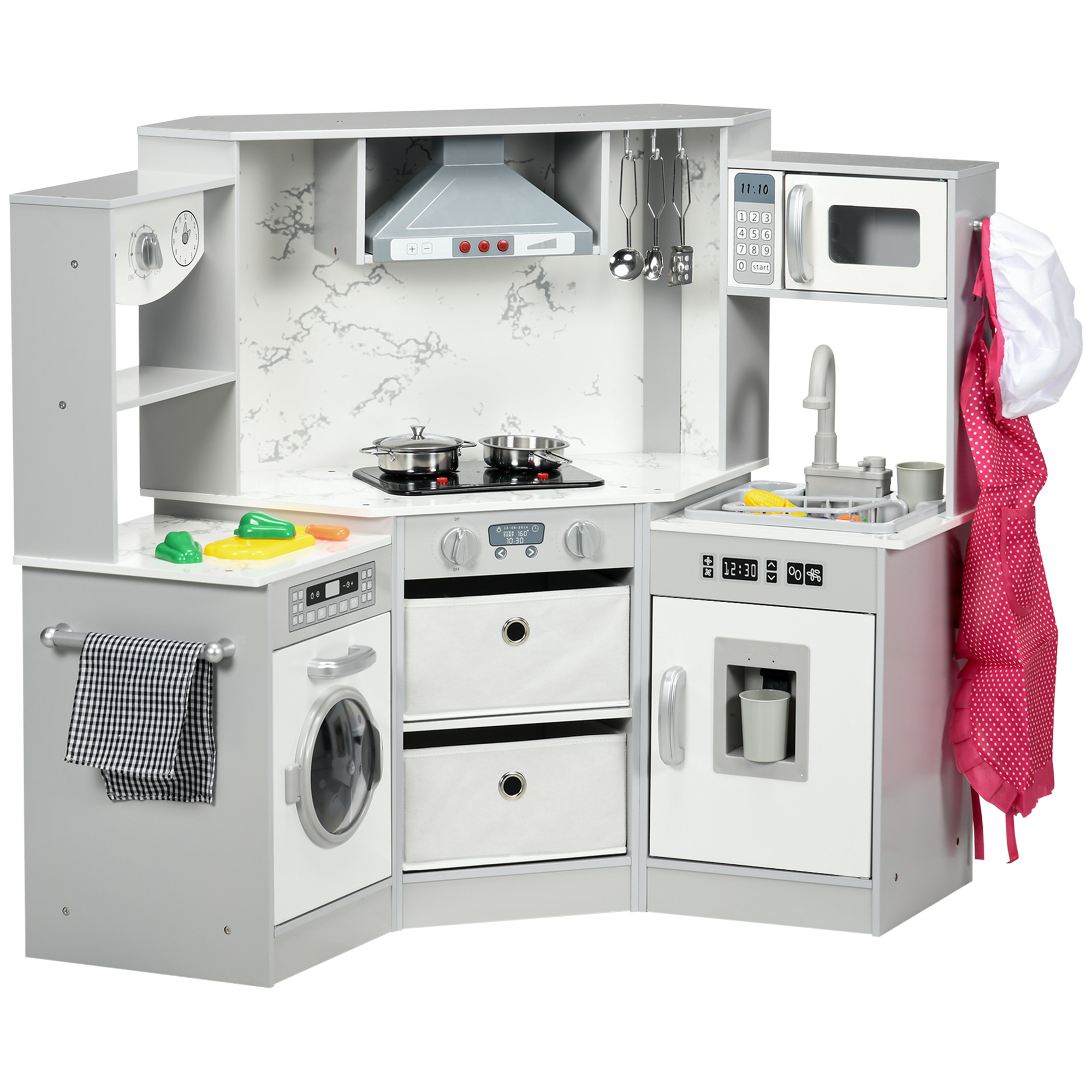AIYAPLAY Toy Kitchen with Running Water, Lights Sounds, Apron and Chef Hat, Water Dispenser, for 3-6 Years Old - Grey - Life Essentials