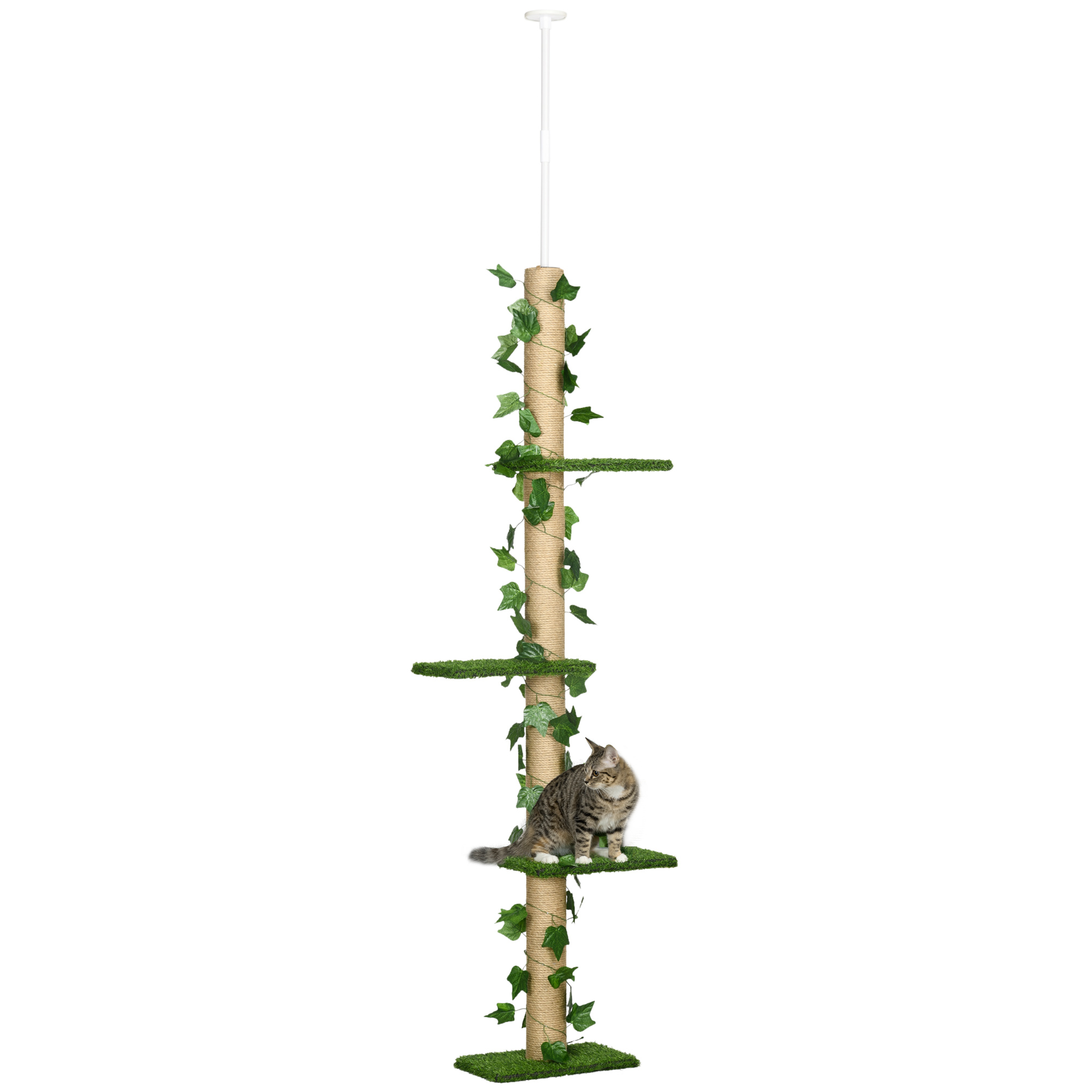 242cm Floor to Ceiling Cat Tree, Height Adjustable Kitten Tower with Anti-slip Kit, Highly Simulated Multi-Layer Activity Center Green - Life 