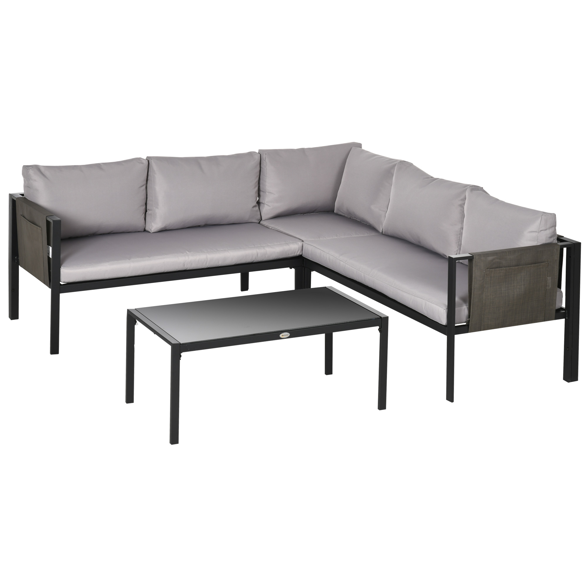 4 Piece Garden Furniture Set Metal Sofa Set w/ Tempered Glass Coffee Table, Conversational Corner Sofa Loveseat w/Padded Cushions Light Grey - Life 