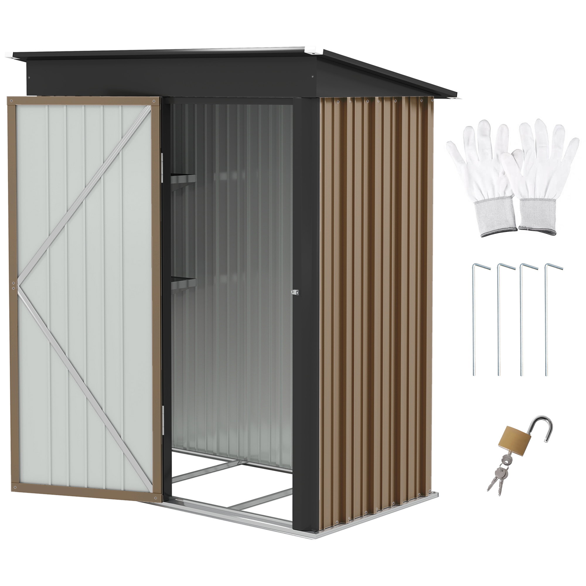 SUNVISTA Metal Garden Shed, Outdoor Lean-to Shed for Tool Motor Bike, with Adjustable Shelf, Lock, Gloves, 5'x3'x6', Brown - Life Essentials