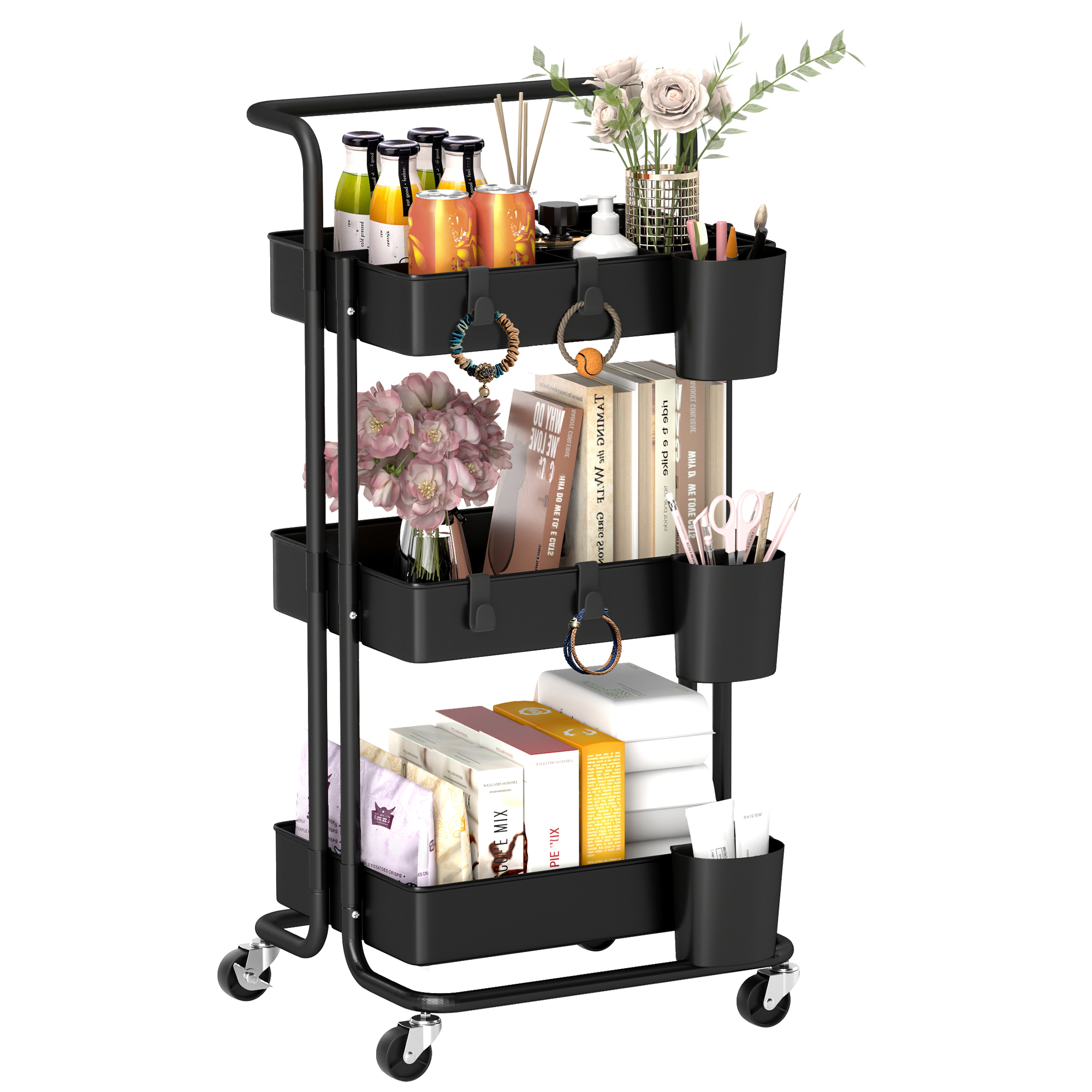 3 Tier Utility Rolling Cart, Kitchen Cart with 3 Removable Mesh Baskets, 3 Hanging Box, 4 Hooks and Dividers for Living Room, Laundry Black - Life 
