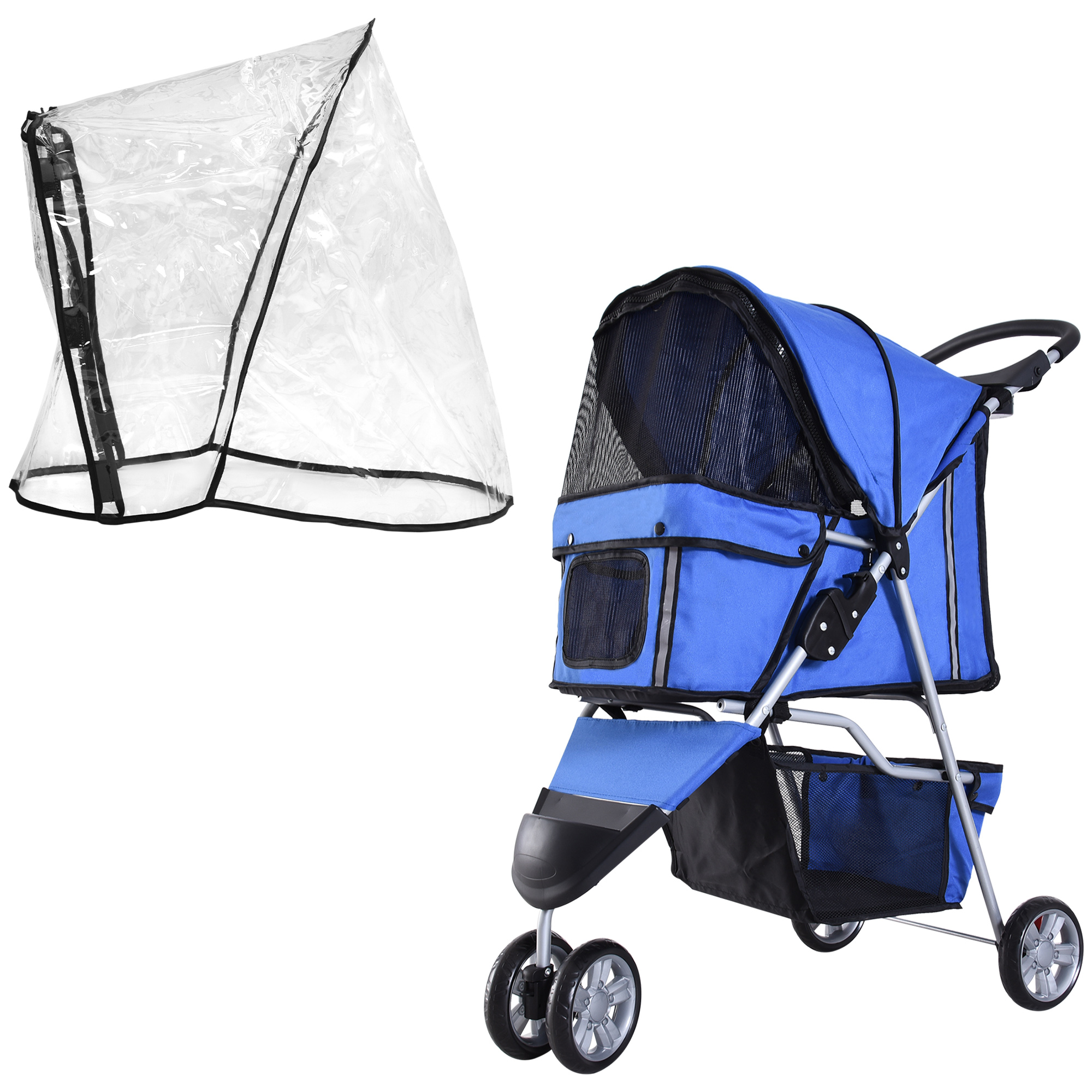 Dog Stroller with Cover for Small Miniature Dogs, Folding Cat Pram Dog Pushchair with Cup Holder, Storage Basket, Reflective Strips, Blue - Life 