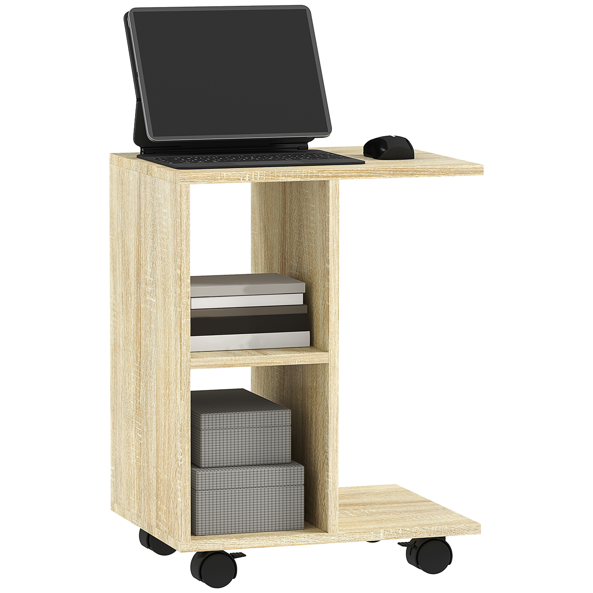 HERON C-Shape End Table Unique Storage Unit w/ 2 Shelves 4 Wheels Freestanding Home Office Furniture Cabinet Square Studio Natural - Life Essentials