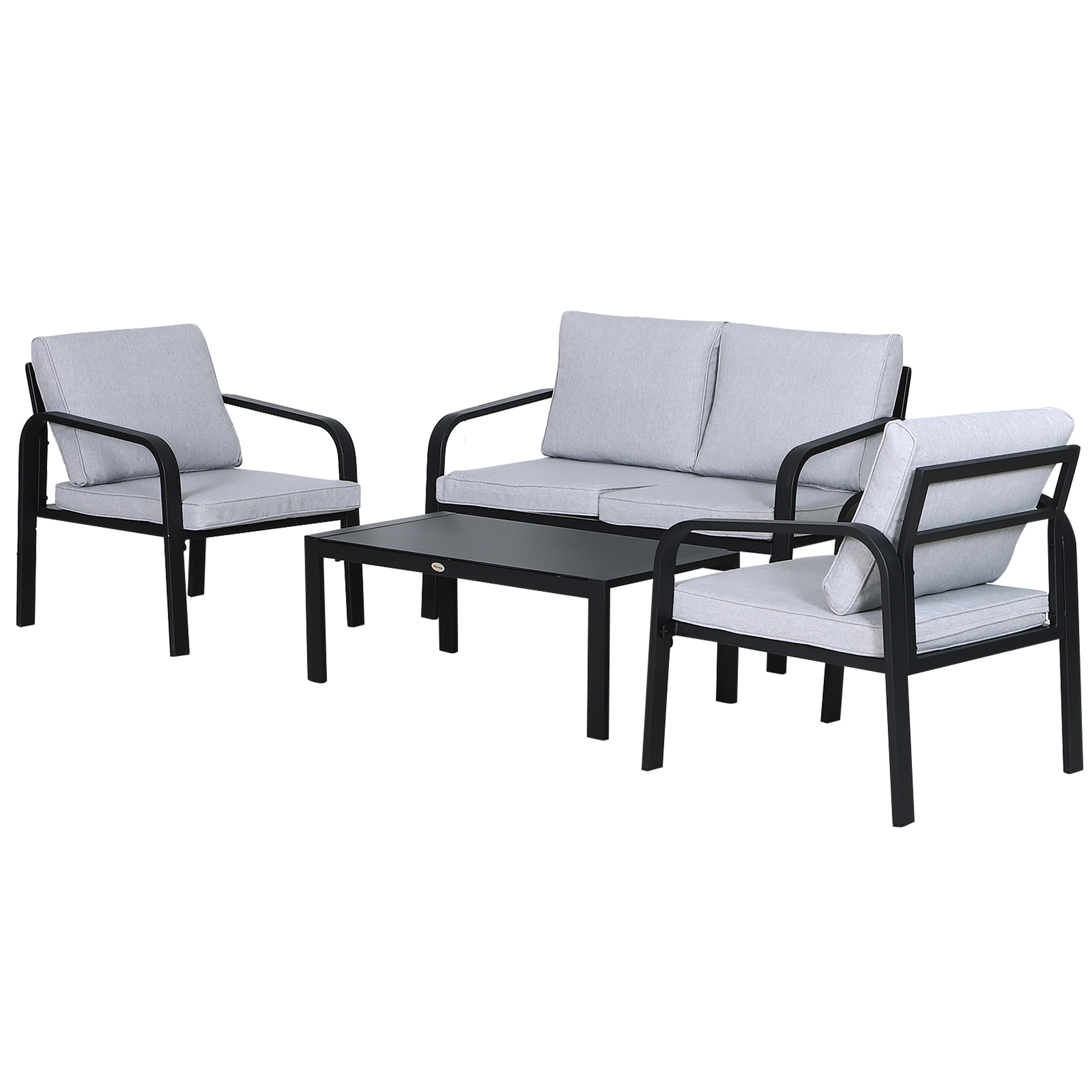 4 Pcs Aluminium Frame Garden Dining Set w/ 2 Chairs Sofa Glass Top Table Foam Cushions Sleek Contemporary Tough Durable Grey Black - Life Essentials