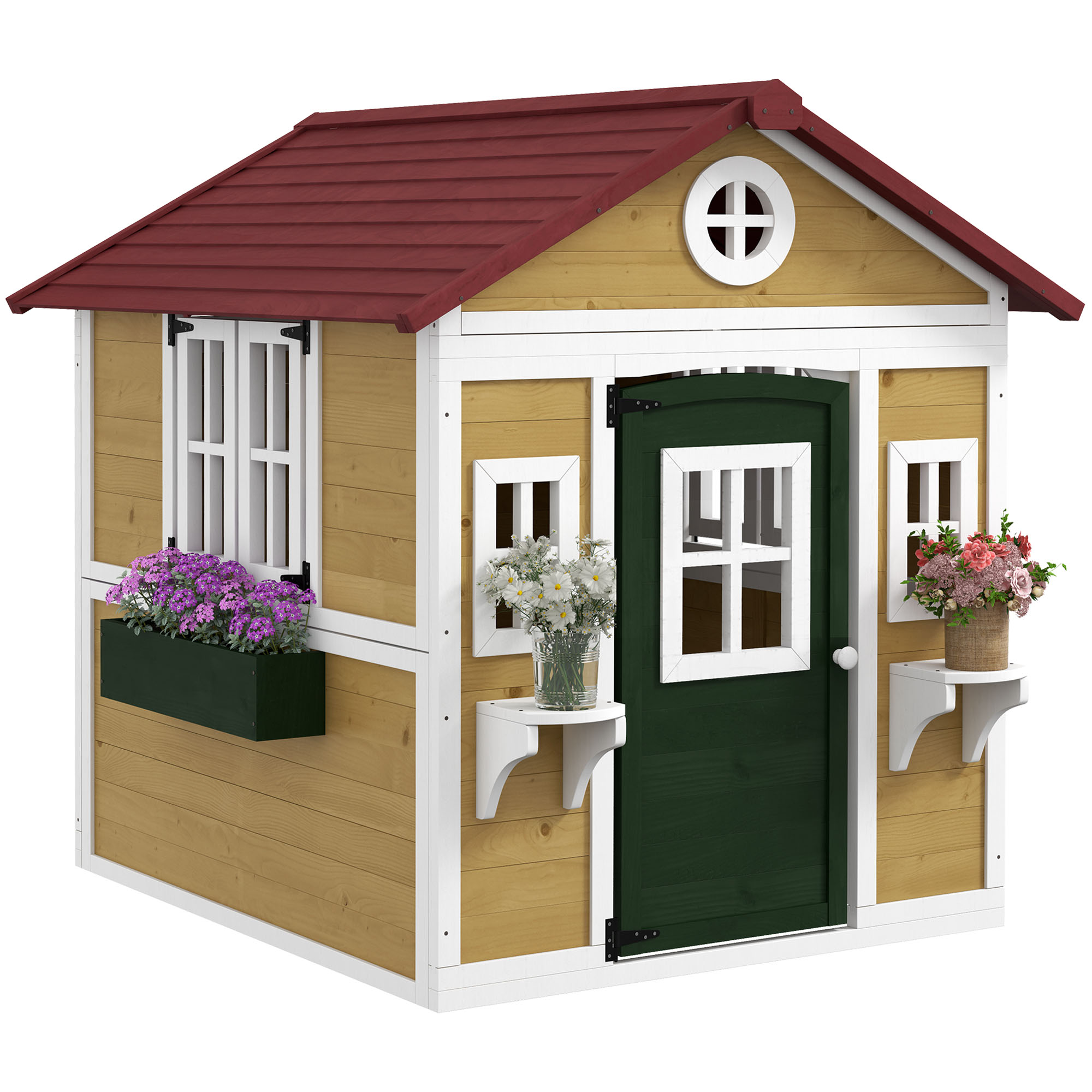 SUNVISTA Wooden Playhouse with Doors, Windows, Plant Pots, Boxes, for 3-8 Years - Beige - Life Essentials