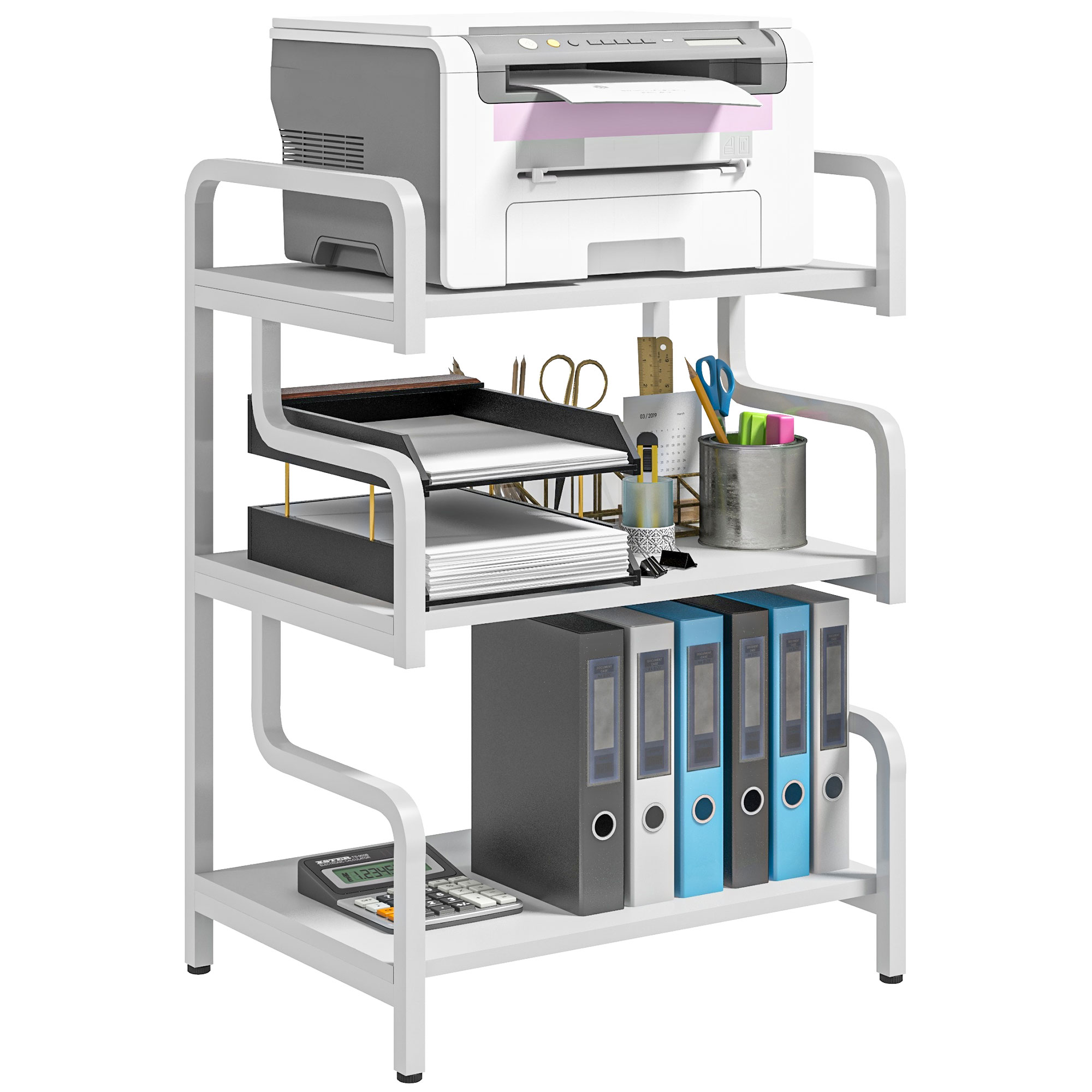 3-Tier Storage Shelves, Metal Shelving Unit, Industrial Printer Table for Home Office, Display Rack for Living Room, White - Life Essentials