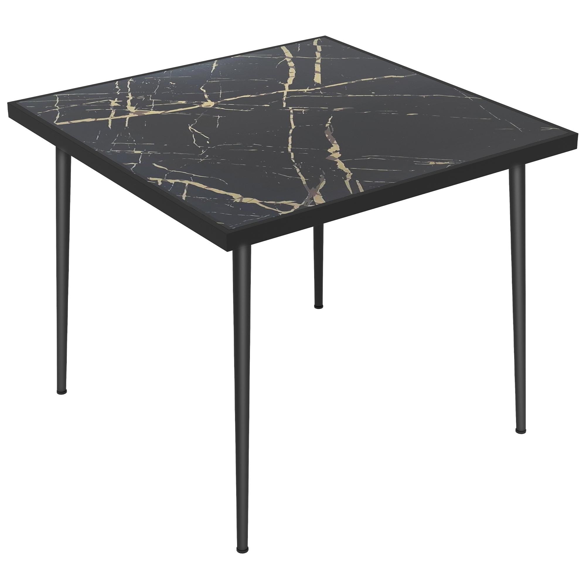 Square Garden Table, Outdoor Dining Table for 4 with Marble Effect Tempered Glass Top and Steel Frame for Patio, Black - Life Essentials