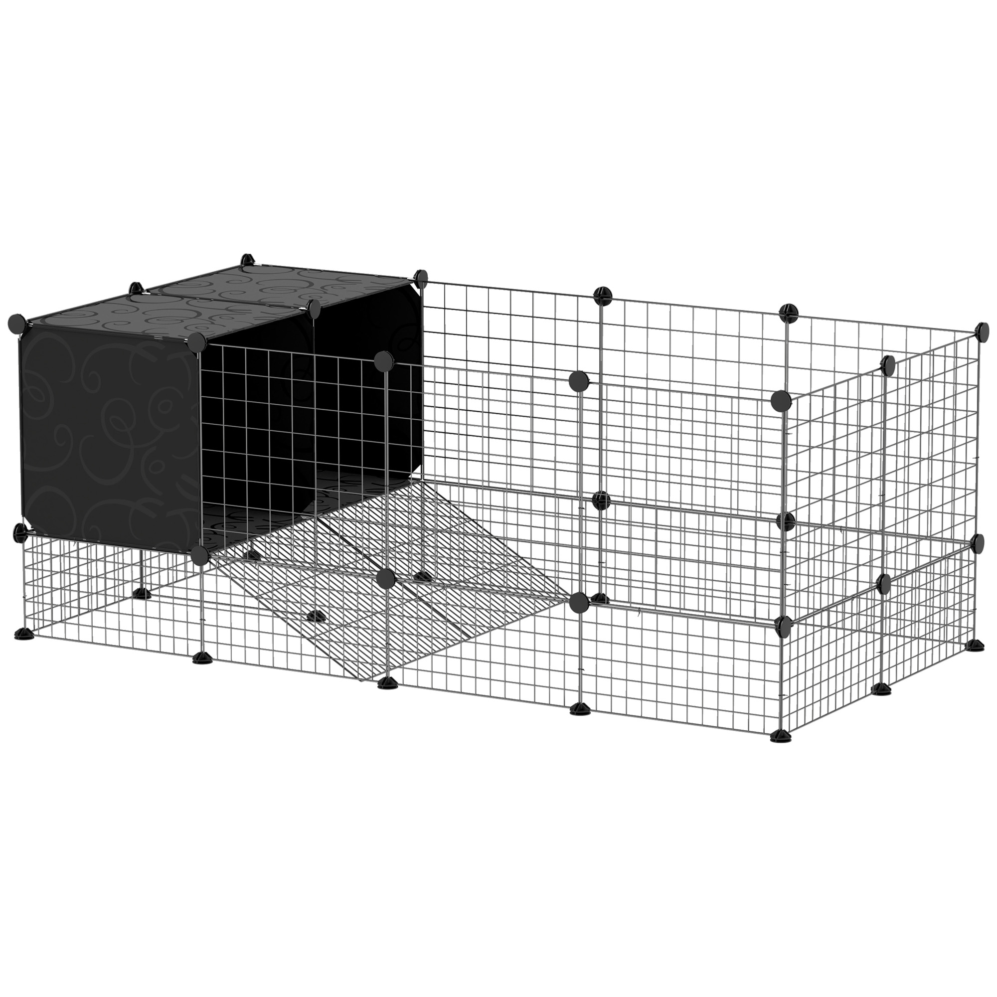 PAWSTER DIY Small Animal Cage with Elevated Huts, C&C Cage for Guinea Pigs, Hedgehogs, Rabbits, 31 Panels, Black - Life Essentials