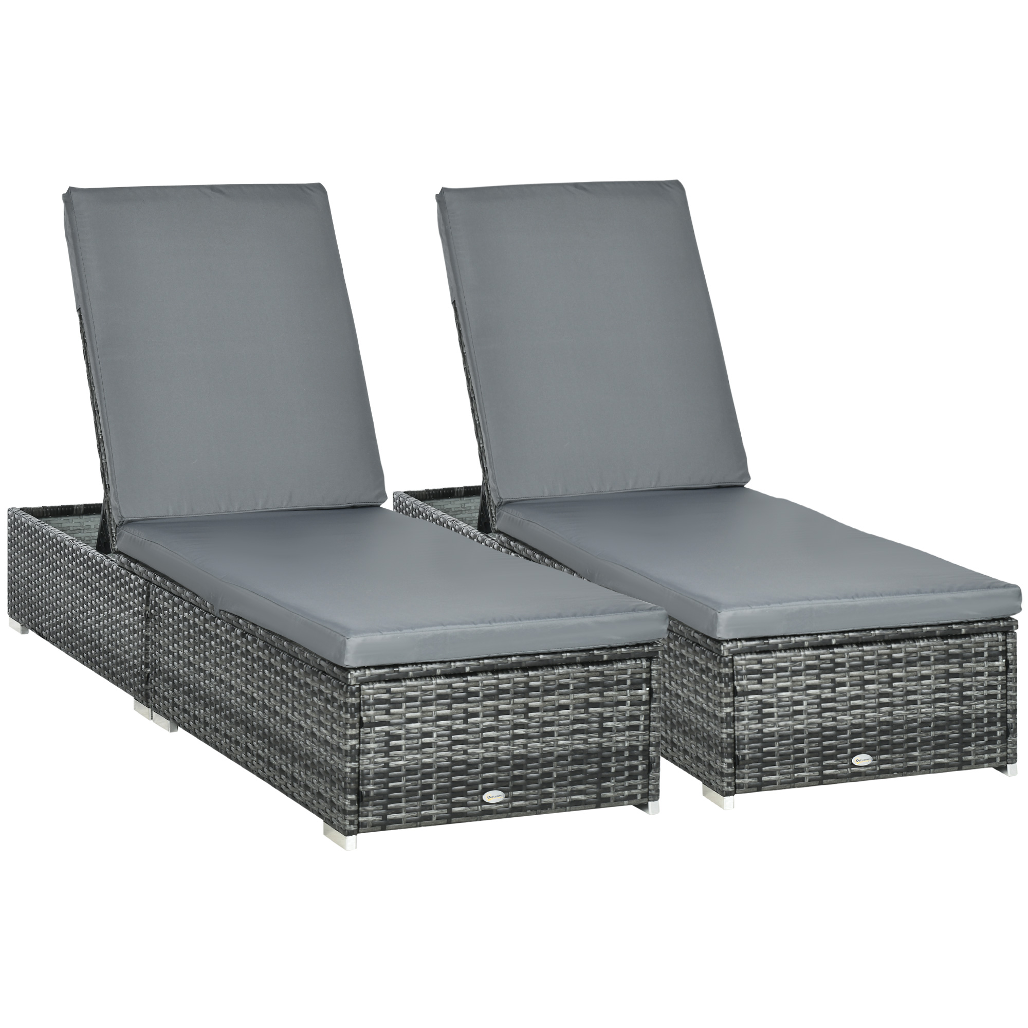 PE Rattan Sun Loungers set of 2 w/ Cushion, 2 Pcs Garden Sunbed Furniture w/ 5-Level Backrest, Reclining Patio Wicker Bed Chair, Grey - Life 
