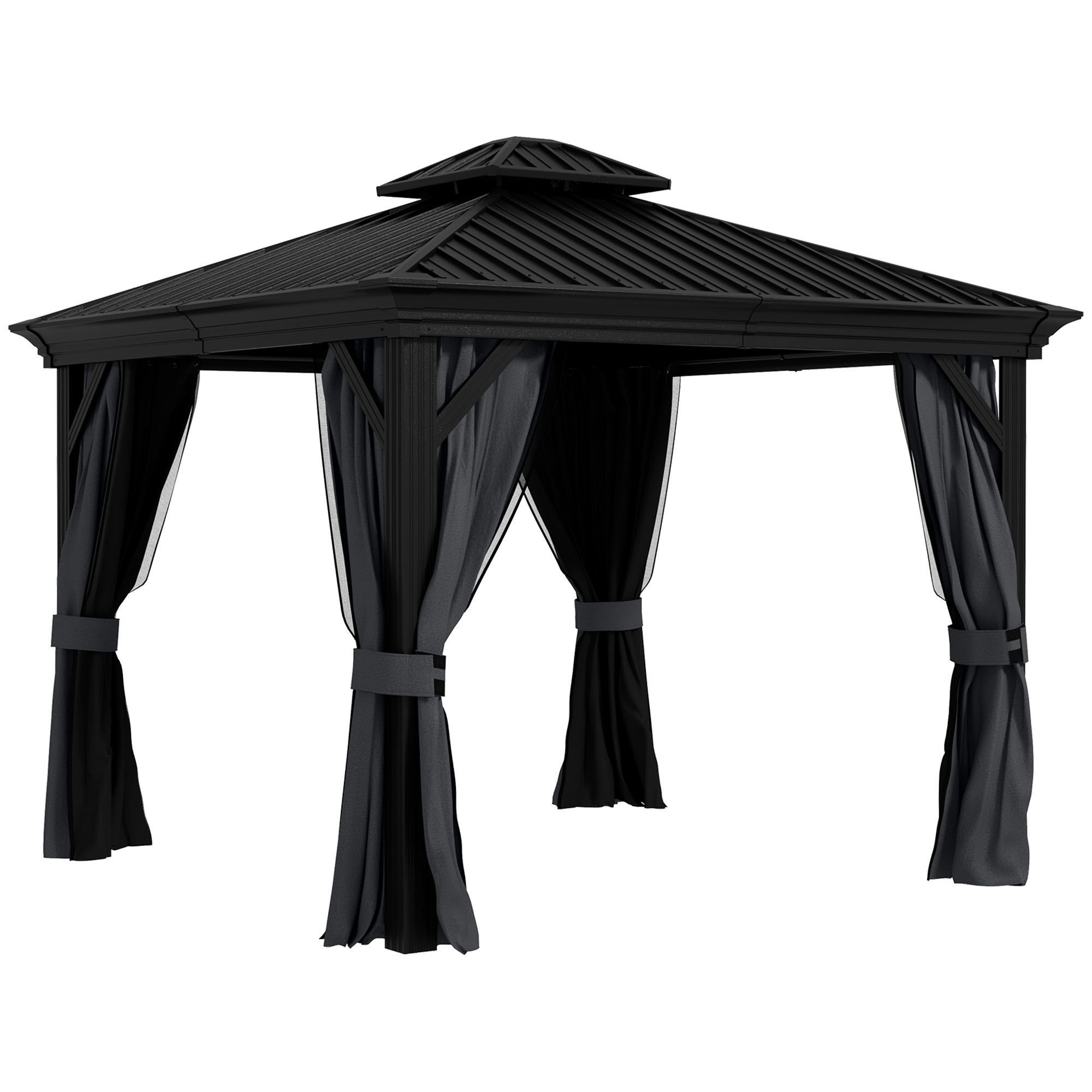 3 x 3.7m Outdoor Hardtop Gazebo Canopy Aluminum Frame with 2-Tier Roof & Mesh Netting Sidewalls for Patio, Dark Grey - Life Essentials