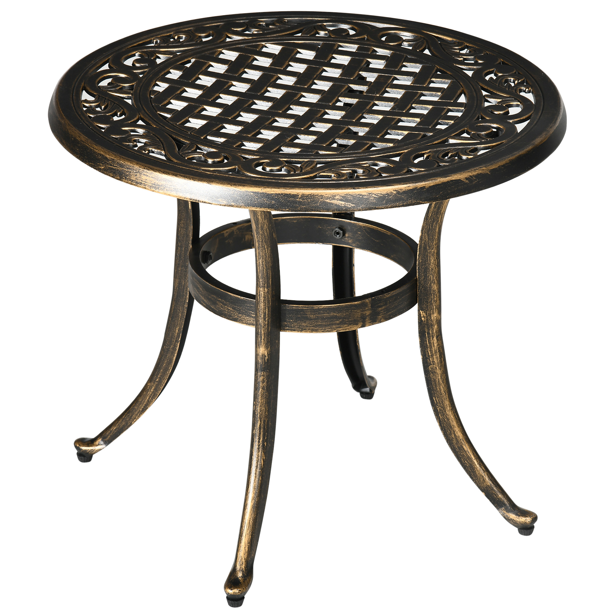 Industrial Garden Side Table, Round Hollow Top Design Patio End Table with Cast Aluminum Frame, Bronze - Life Essentials