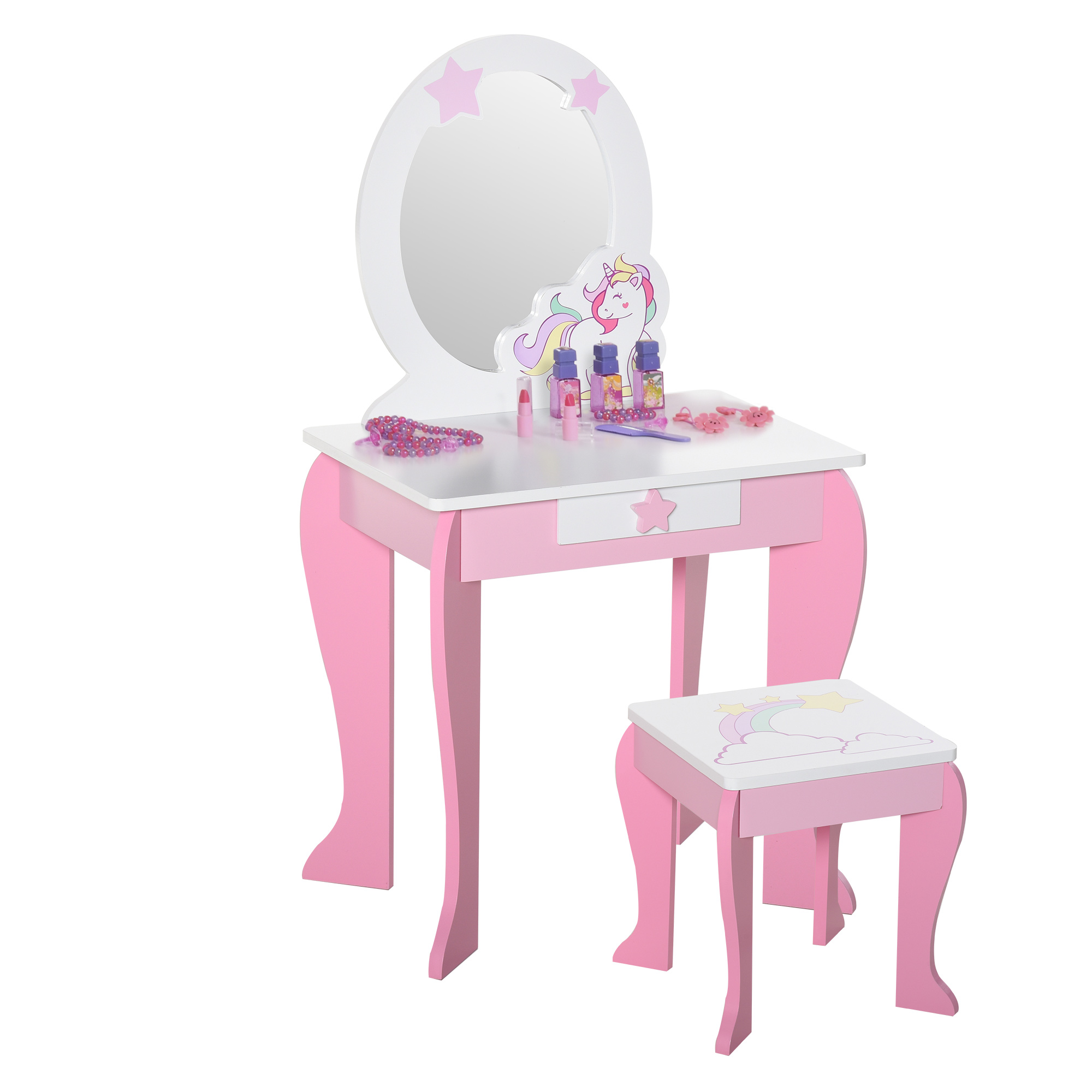 Frolicking Princess Kids Dressing Table with Mirror and Stool - Pink - Life Essentials