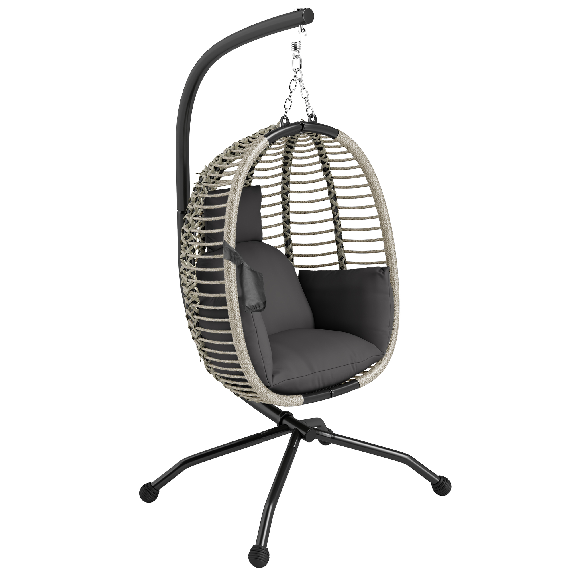 SUNVISTA Outdoor Swing Chair with Thick Padded Cushion, Patio Hanging Chair with Metal Stand, Foldable Basket, Cup Holder, Dark Grey - Life Essentials