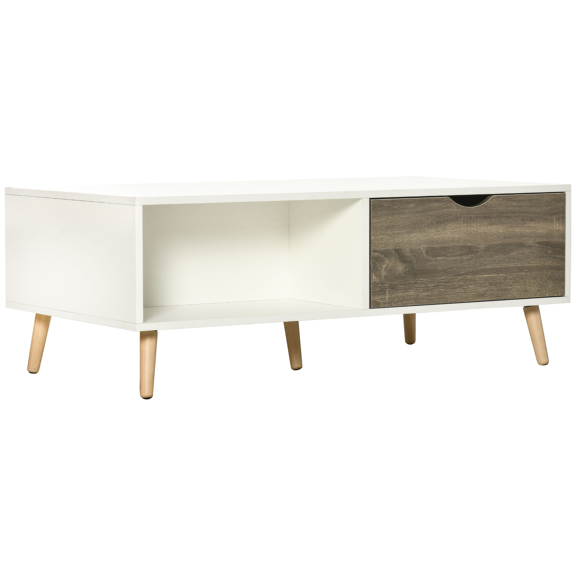 Coffee Table, Modern Tea Table with Open Storage Shelves, Two Drawers and Solid Wood Legs, Coffee Tables for Living Room, Bed Room, White - Life 