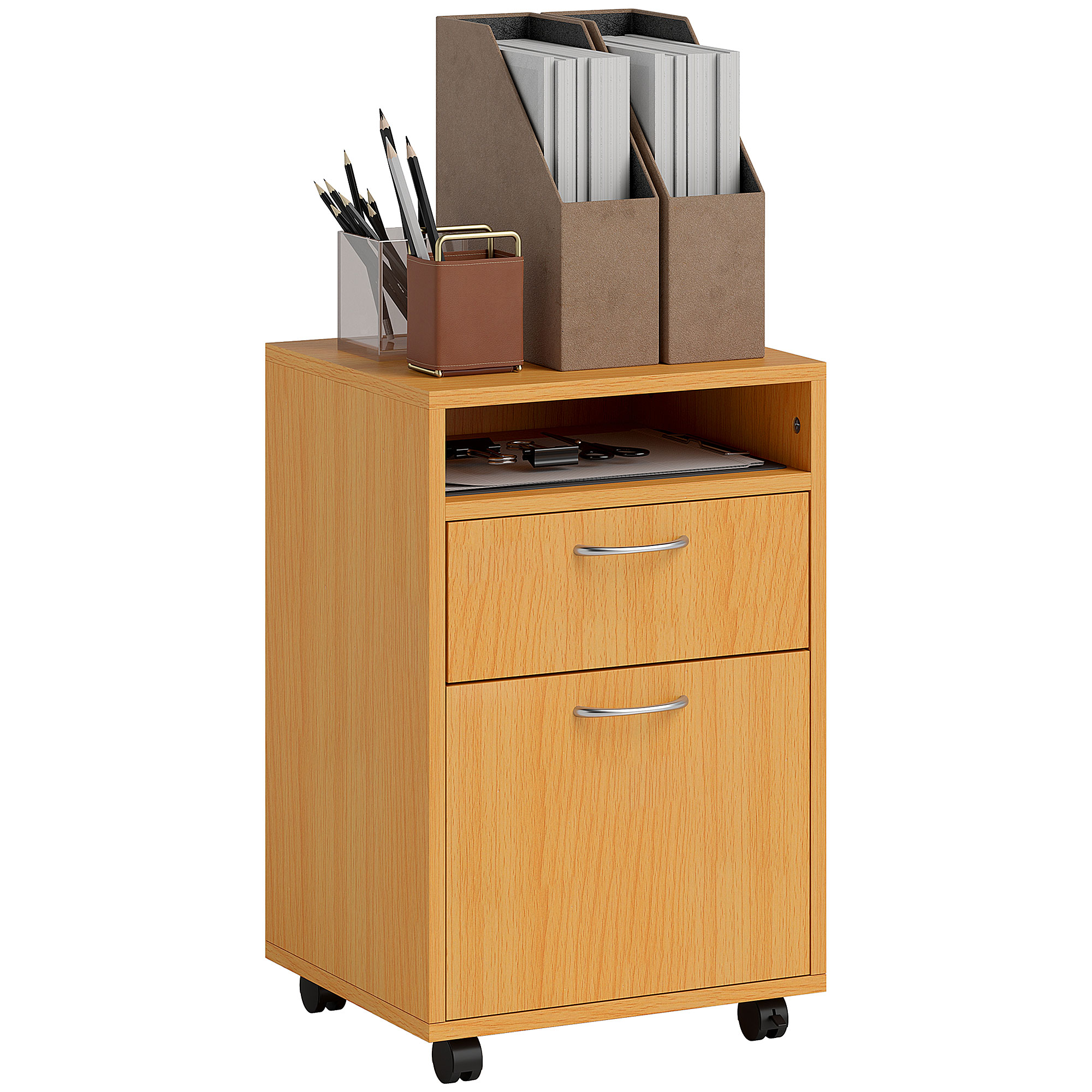 HERON 60cm Filing Cabinet with Drawer, Open Shelf, Metal Handles and 4 Wheels, Office Home Organiser Mobile Printer, Natural Wood Finish - Life 
