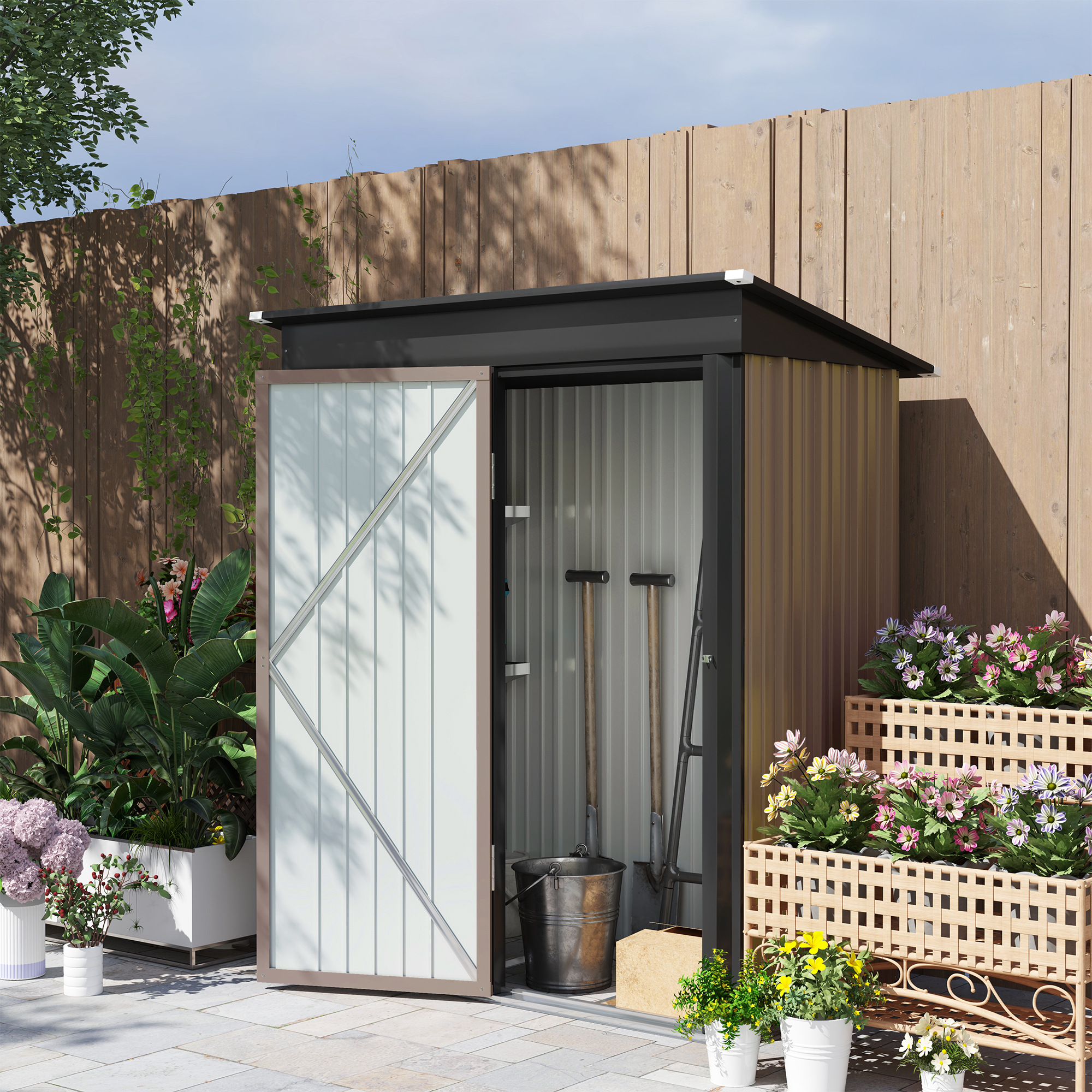 SUNVISTA Metal Garden Shed, Outdoor Lean-to Shed for Tool Motor Bike, with Adjustable Shelf, Lock, Gloves, 5'x3'x6', Brown - Life Essentials