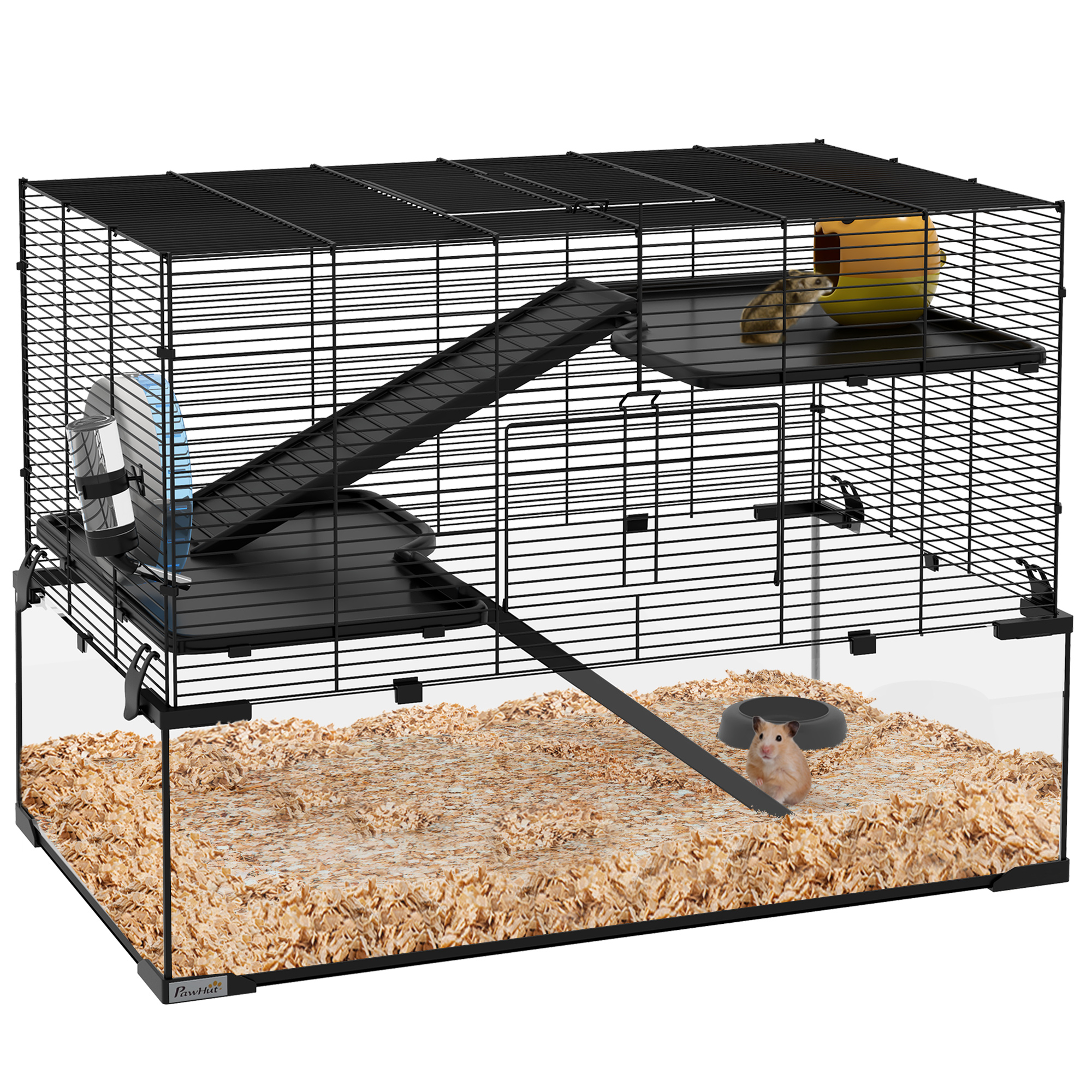 3 Tiers Hamster Cage, Gerbil Cage with Deep Glass Bottom, Non-Slip Ramps, Platforms, Hut Exercise Wheels Water Bottle for Syrian Dwarf Hamster - Life 