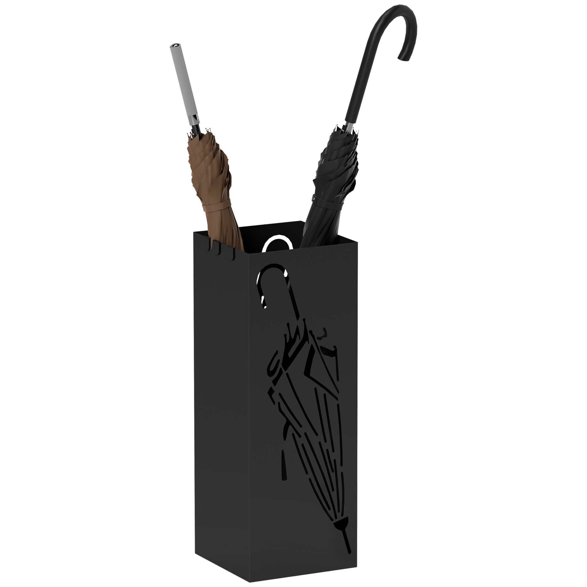 HERON Square Metal Umbrella Stand, 15.5x41cm with Drip Tray & 4 Hooks, Entryway Storage, Black - Life Essentials
